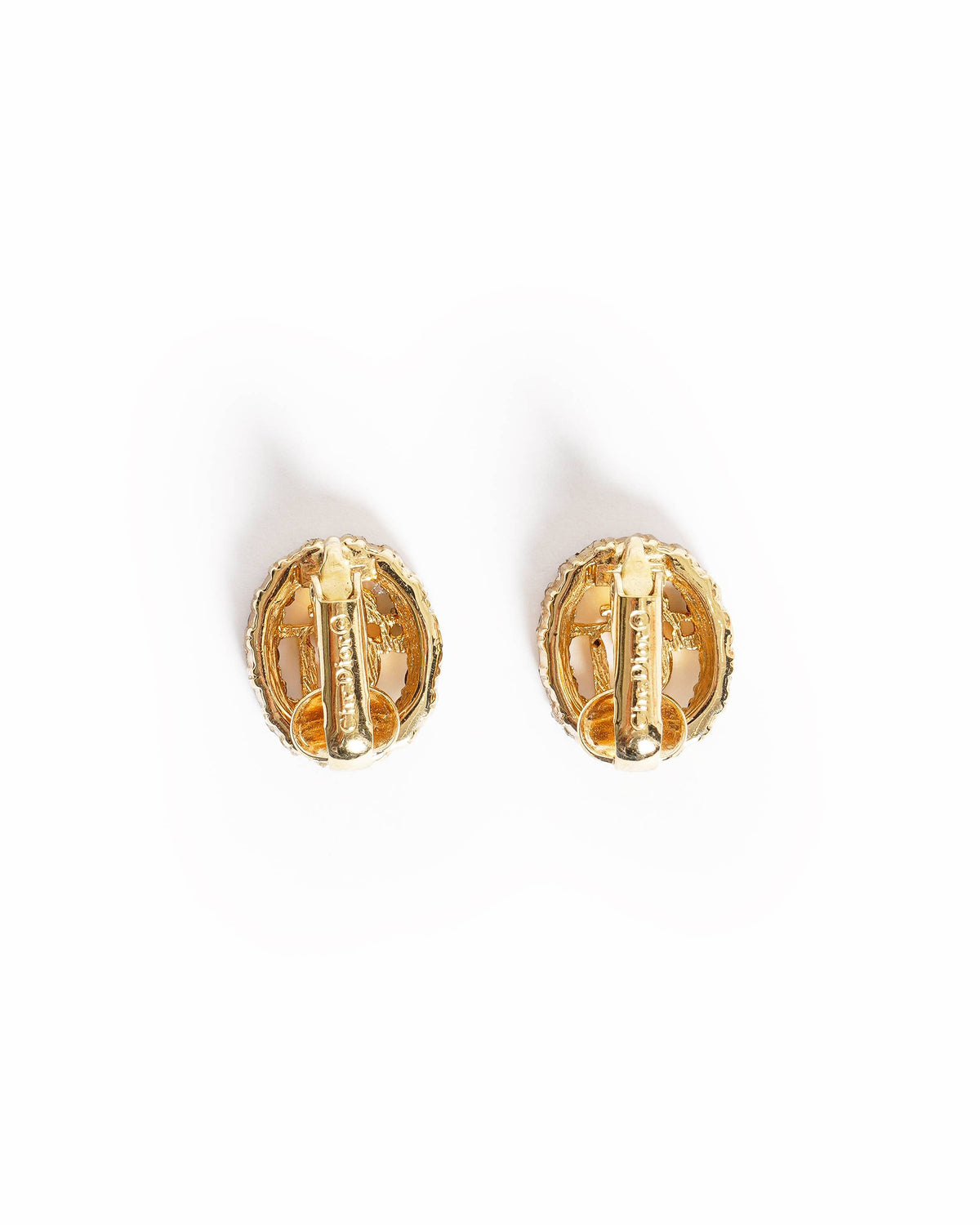 Vintage Christian Dior Gold-Plated Rhinestone CD Oval Hoop Earrings