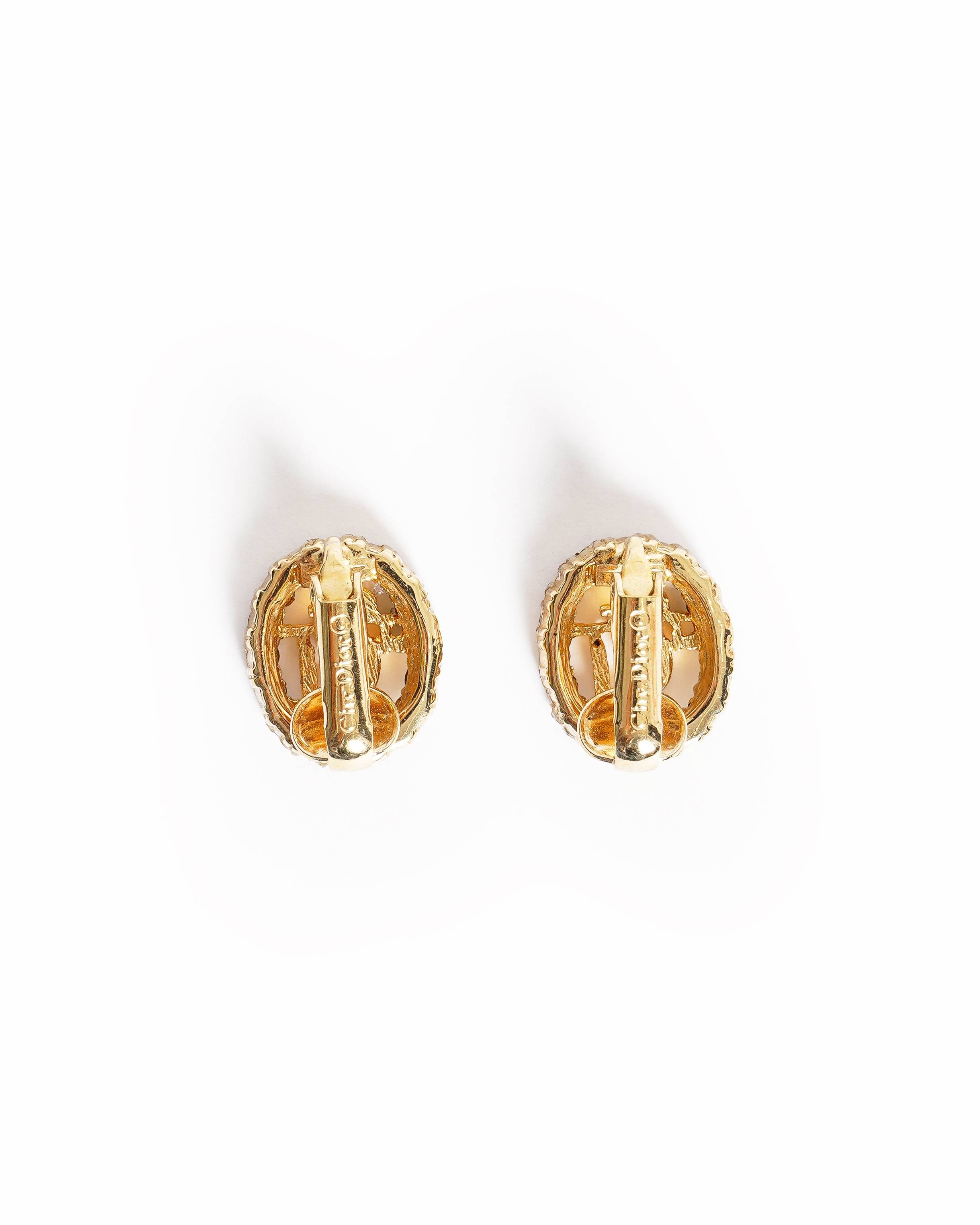 Vintage Christian Dior Gold-Plated Rhinestone CD Oval Hoop Earrings