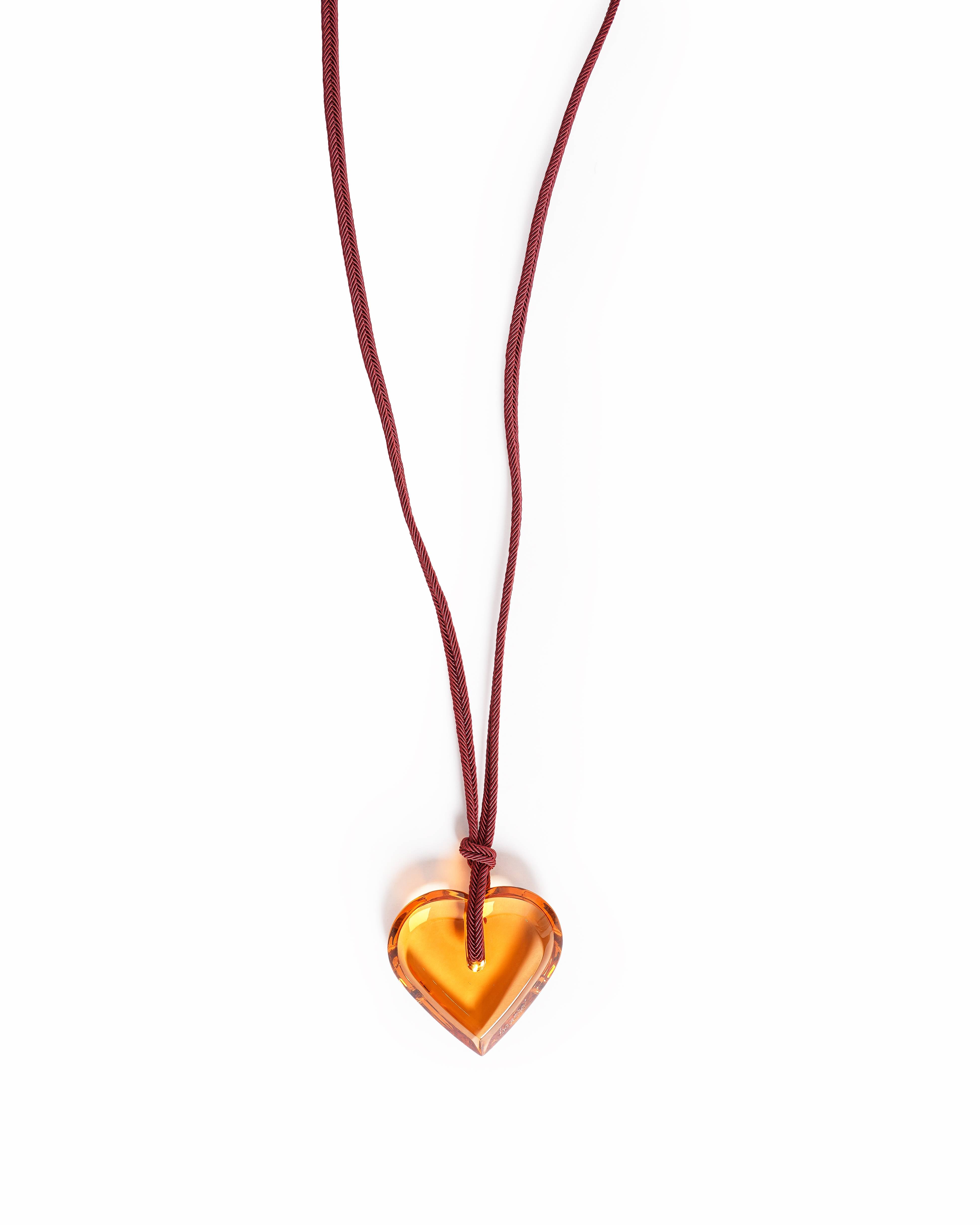 Baccarat Vintage Clear Amber Crystal Heart Cord Pendant Necklace