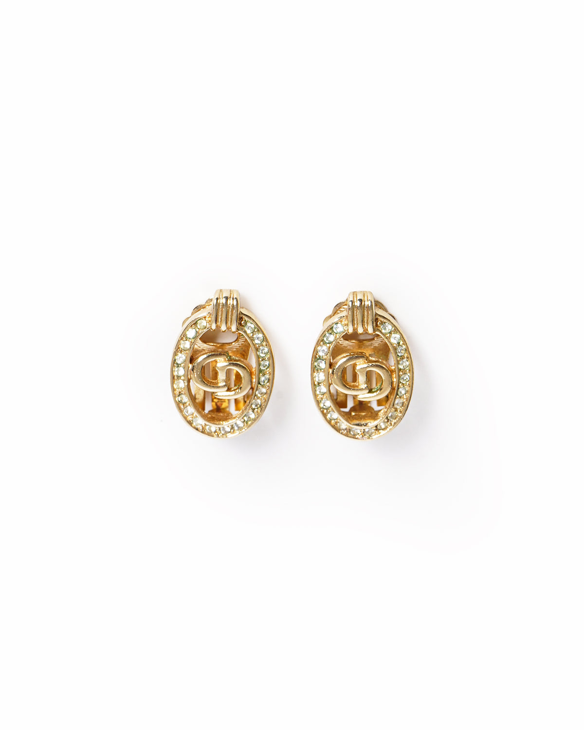 Vintage Christian Dior Gold-Plated Rhinestone CD Oval Earrings, Made In Germany