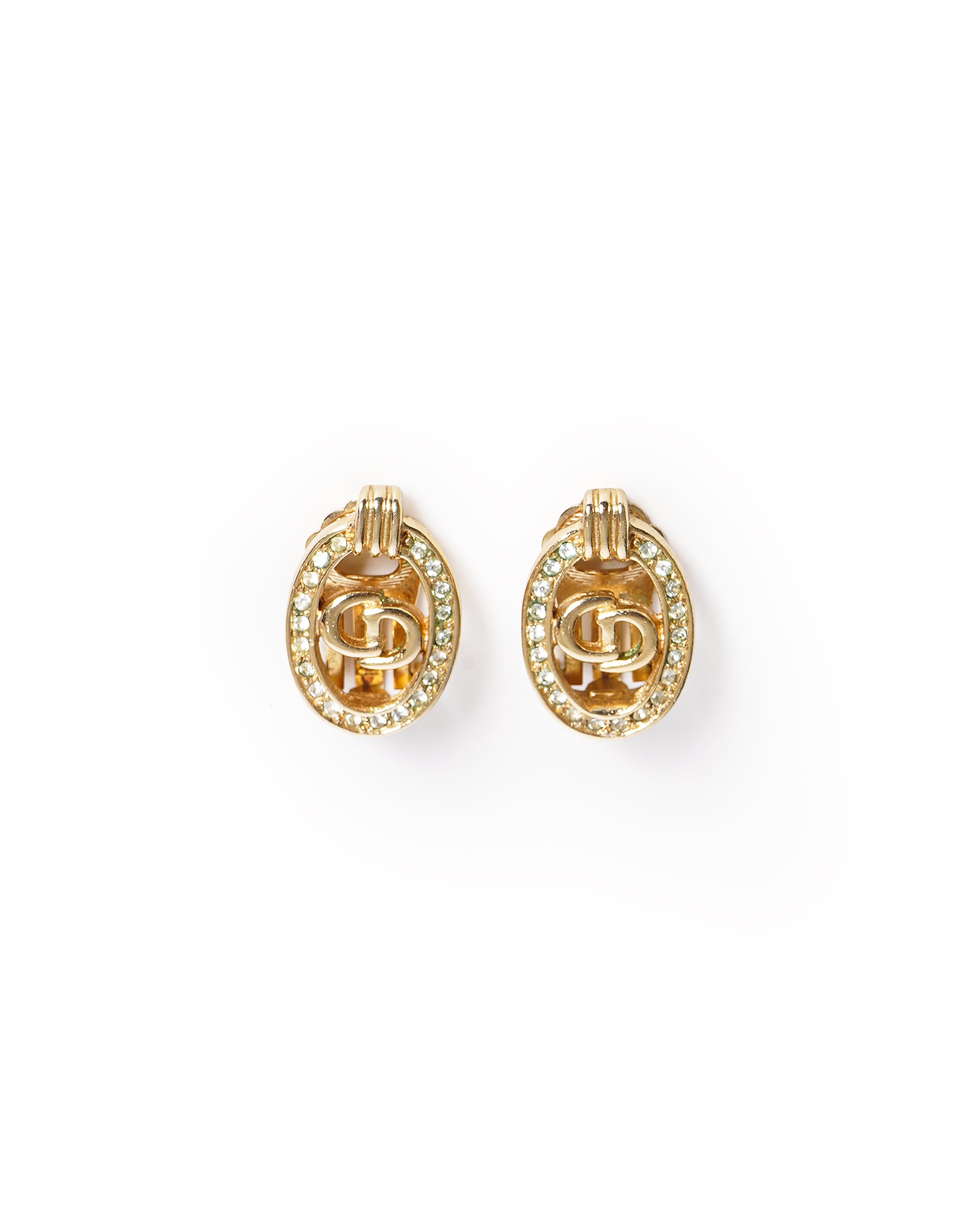 Vintage Christian Dior Gold-Plated Rhinestone CD Oval Earrings, Made In Germany