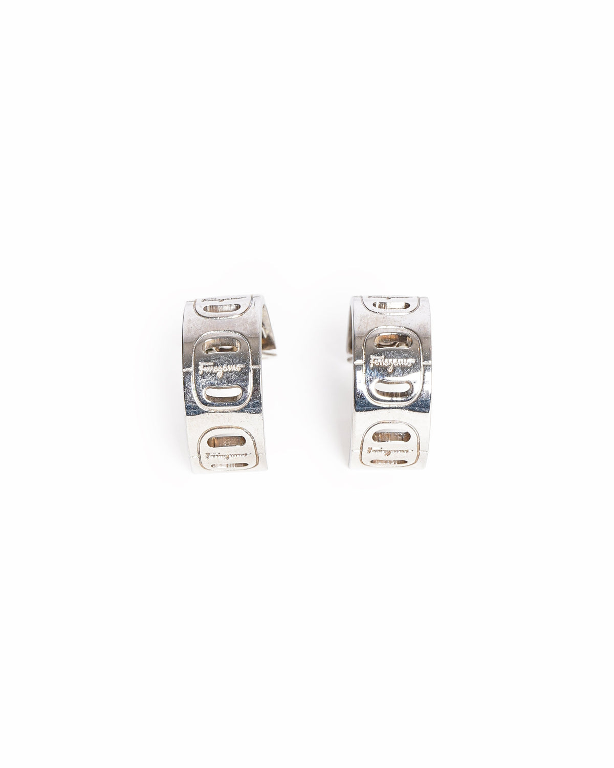 Salvatore Ferragamo Vintage Engraved Gancini Silver-Tone Hoop Clip-On Earrings