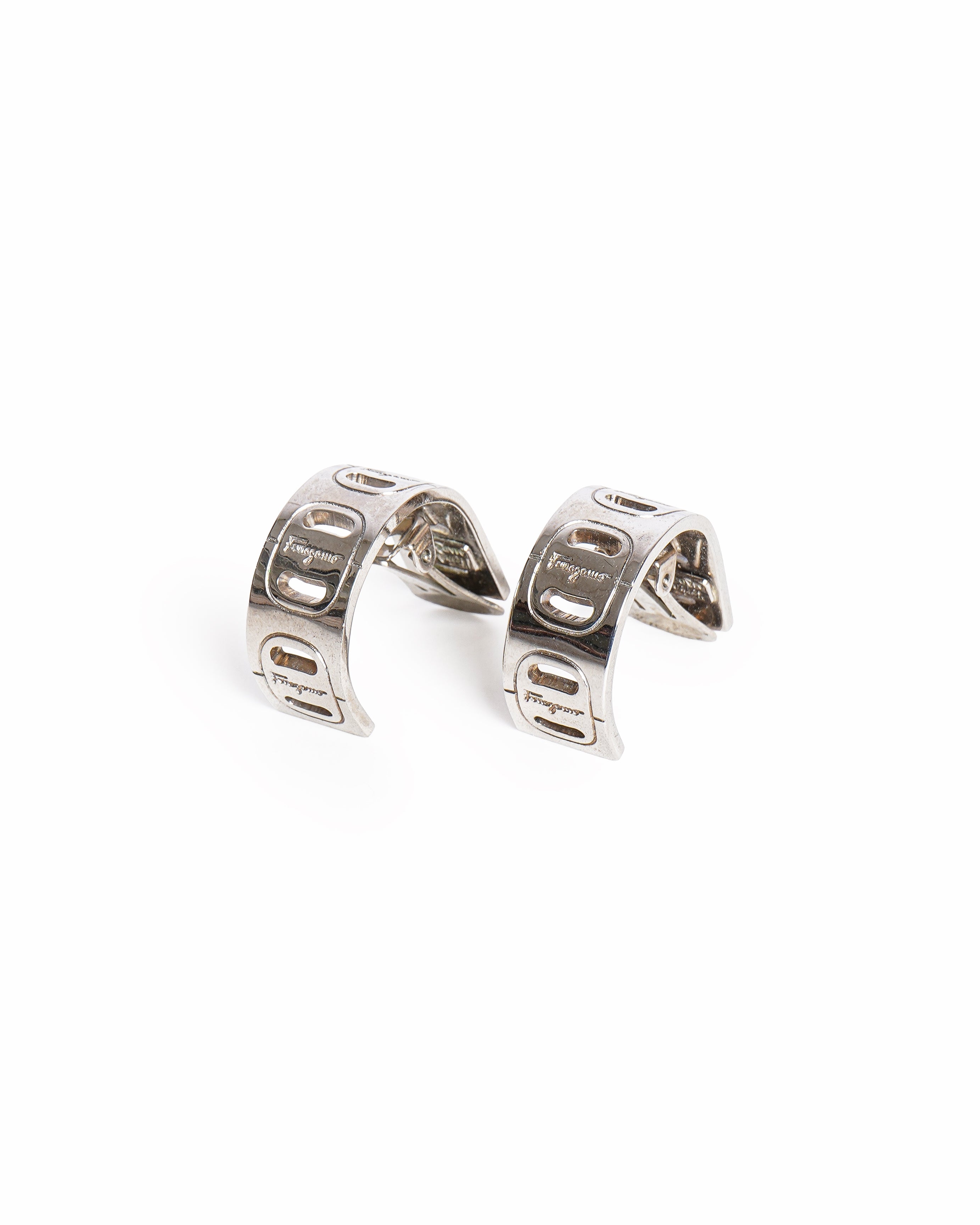 Salvatore Ferragamo Vintage Engraved Gancini Silver-Tone Hoop Clip-On Earrings