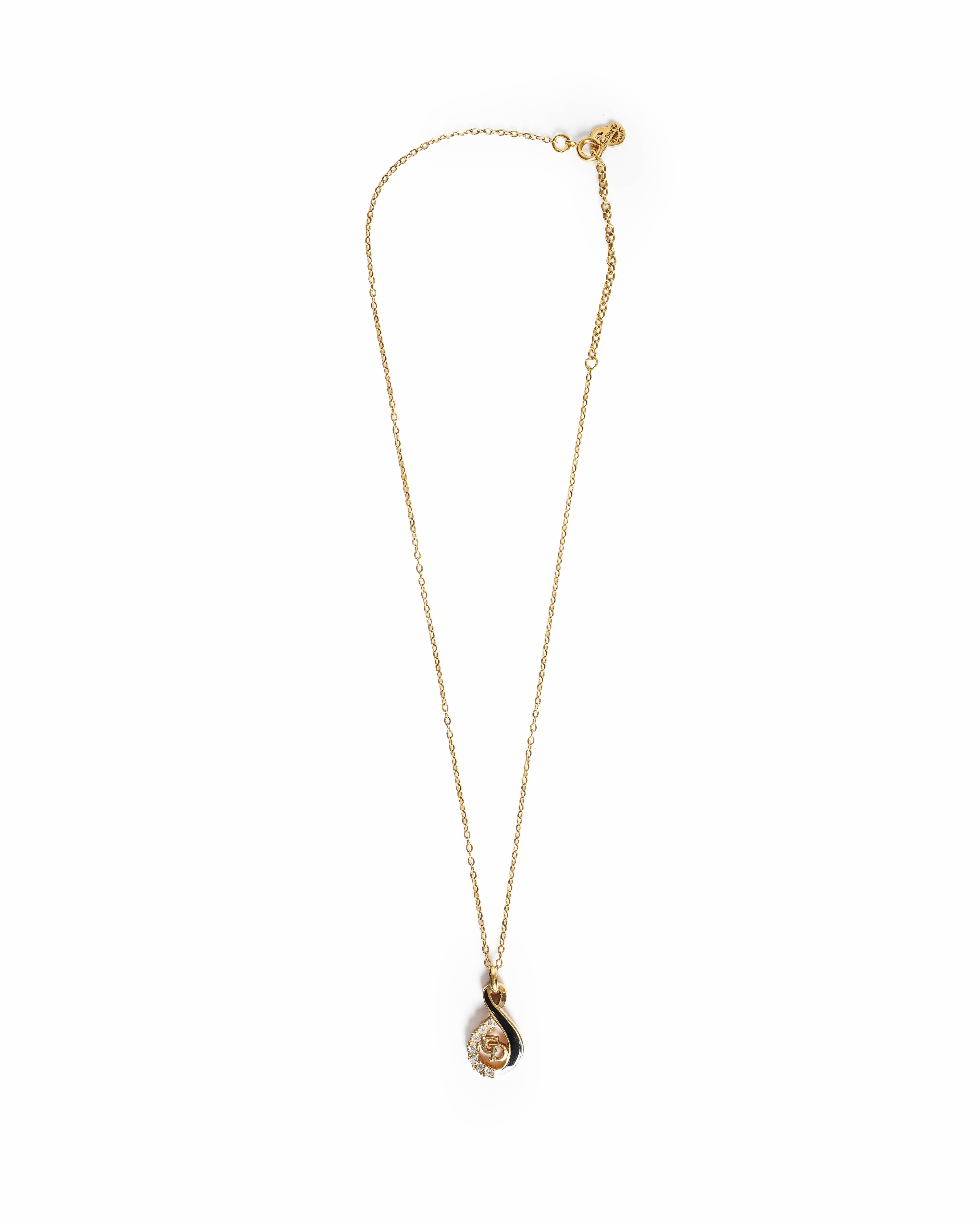 Vintage Dior Gold Tone CD Logo Rhinestone Pendant Necklace