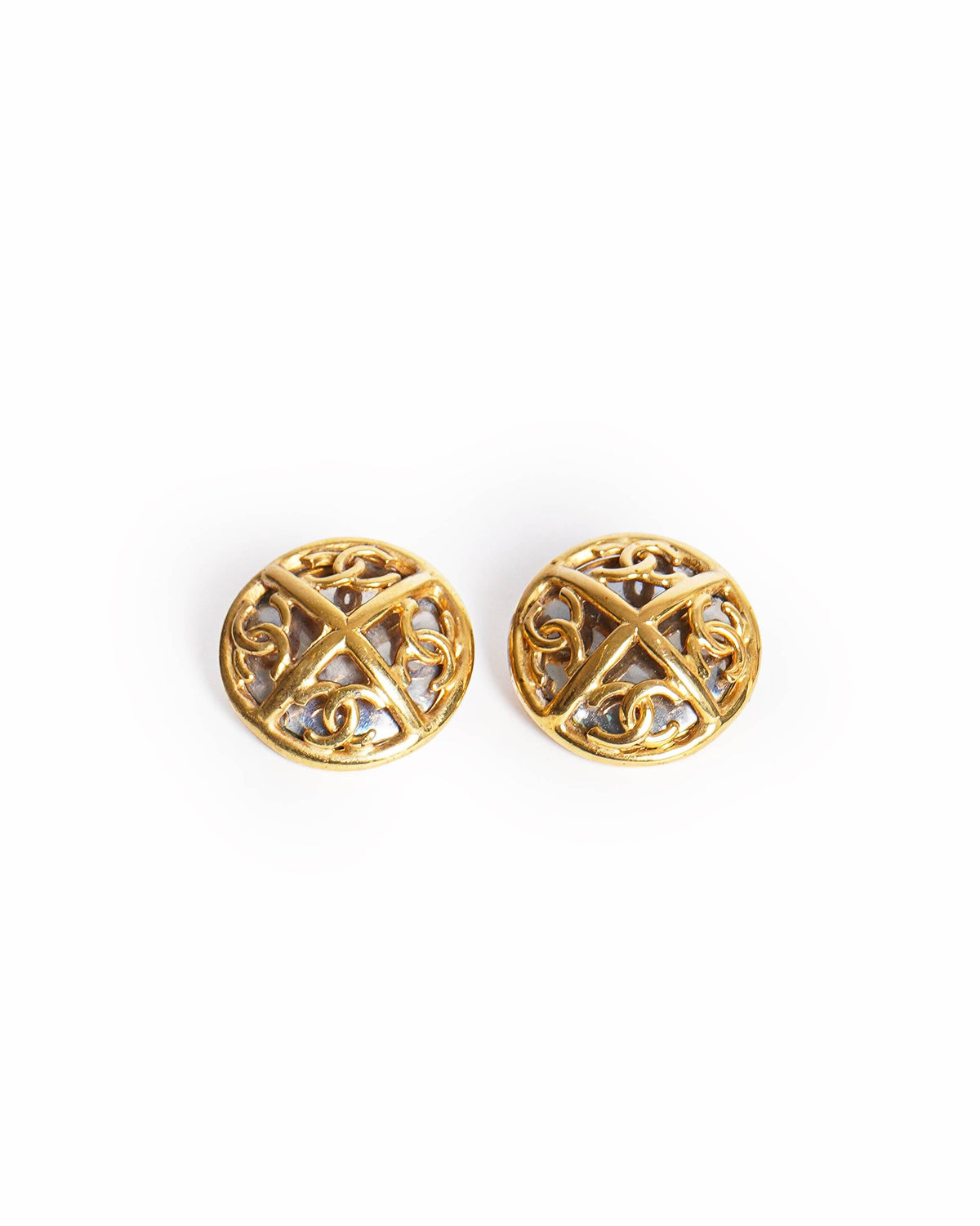Vintage Chanel Quarters CC Cut-Out Button Earrings, Made In France 1993
