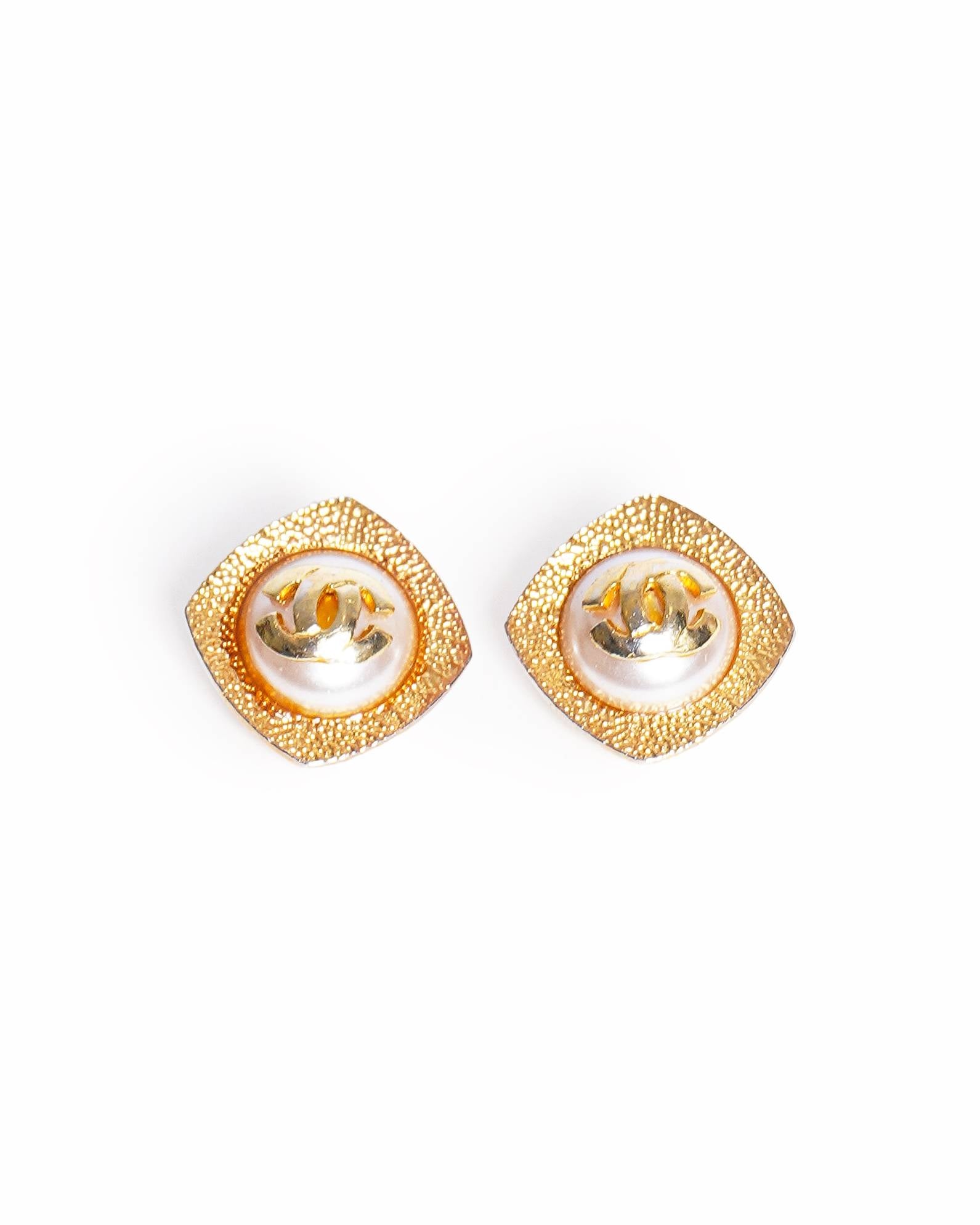Vintage Chanel Textured CC Faux Pearl Button Earrings, Made In France 1990s