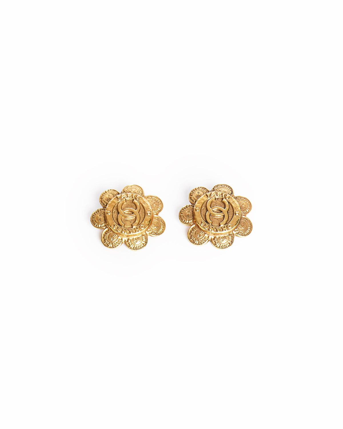 Vintage Chanel CC Gold Plated Flower Coin Earring, Made In France 1990s