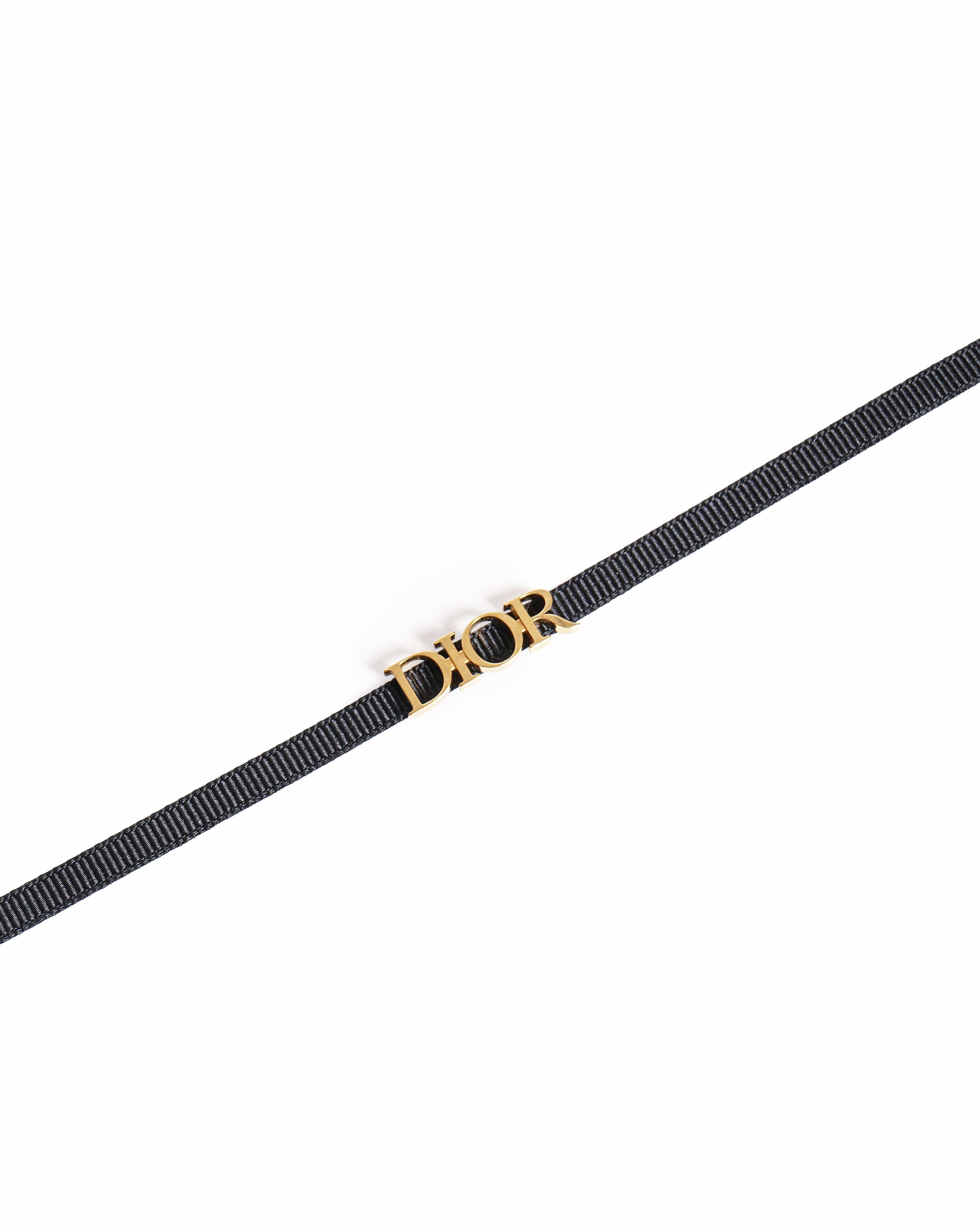 Vintage Christian Dior Gold-Plated DIOR Logo Black Grosgrain Ribbon Choker Necklace, Made In Germany