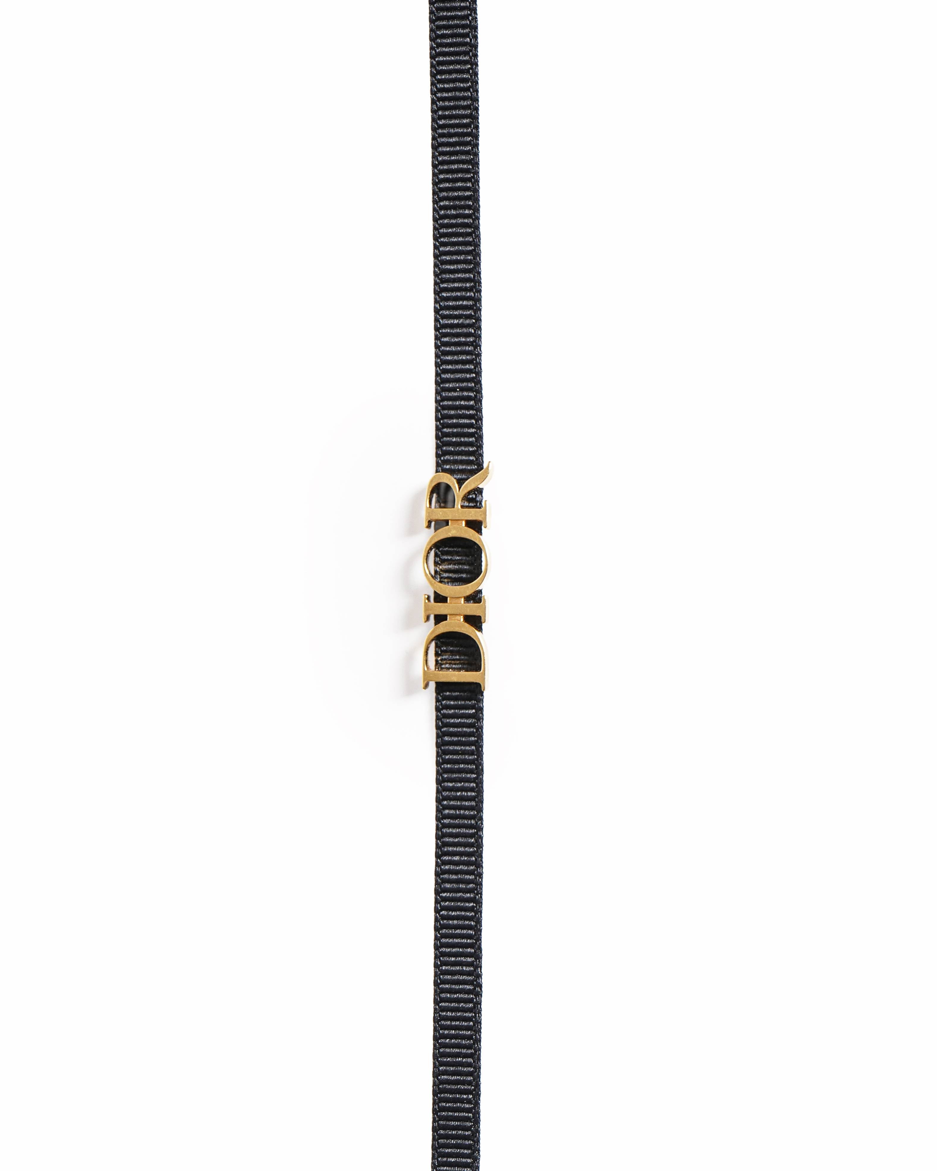 Vintage Christian Dior Gold-Plated DIOR Logo Black Grosgrain Ribbon Choker Necklace, Made In Germany