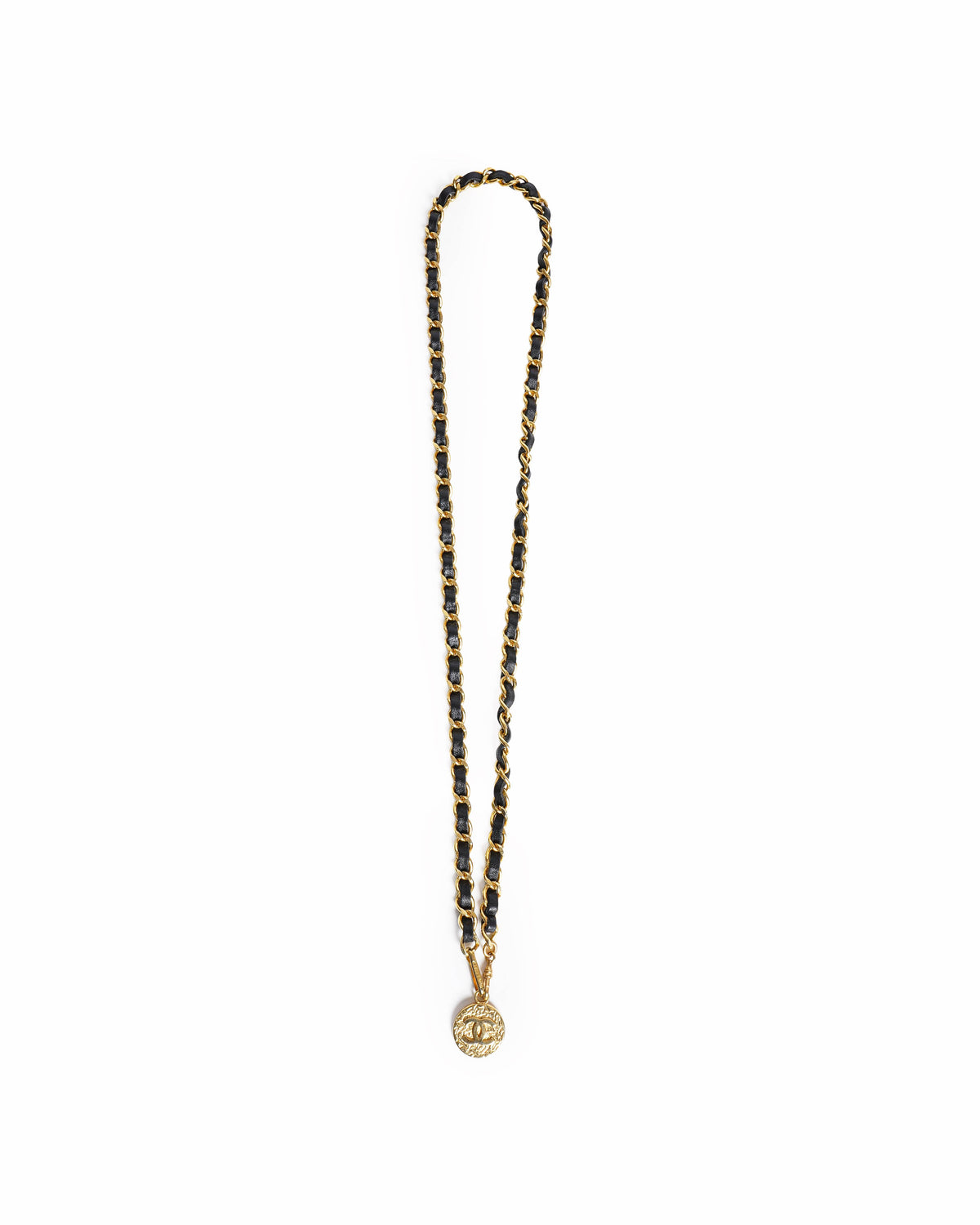 Chanel Gold Plated Black Leather CC Logos Coin Vintage Chain Belt