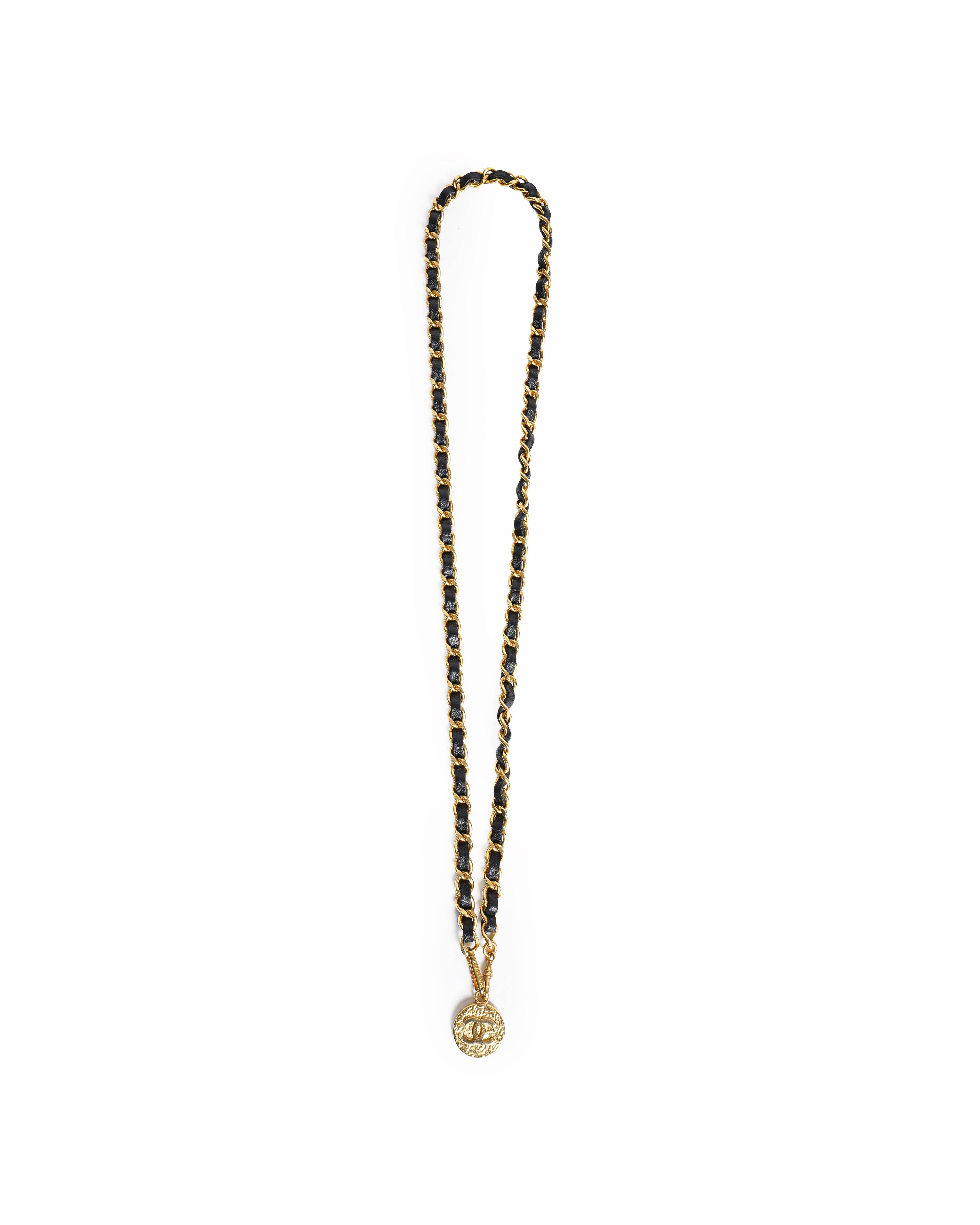 Chanel Gold Plated Black Leather CC Logos Coin Vintage Chain Belt