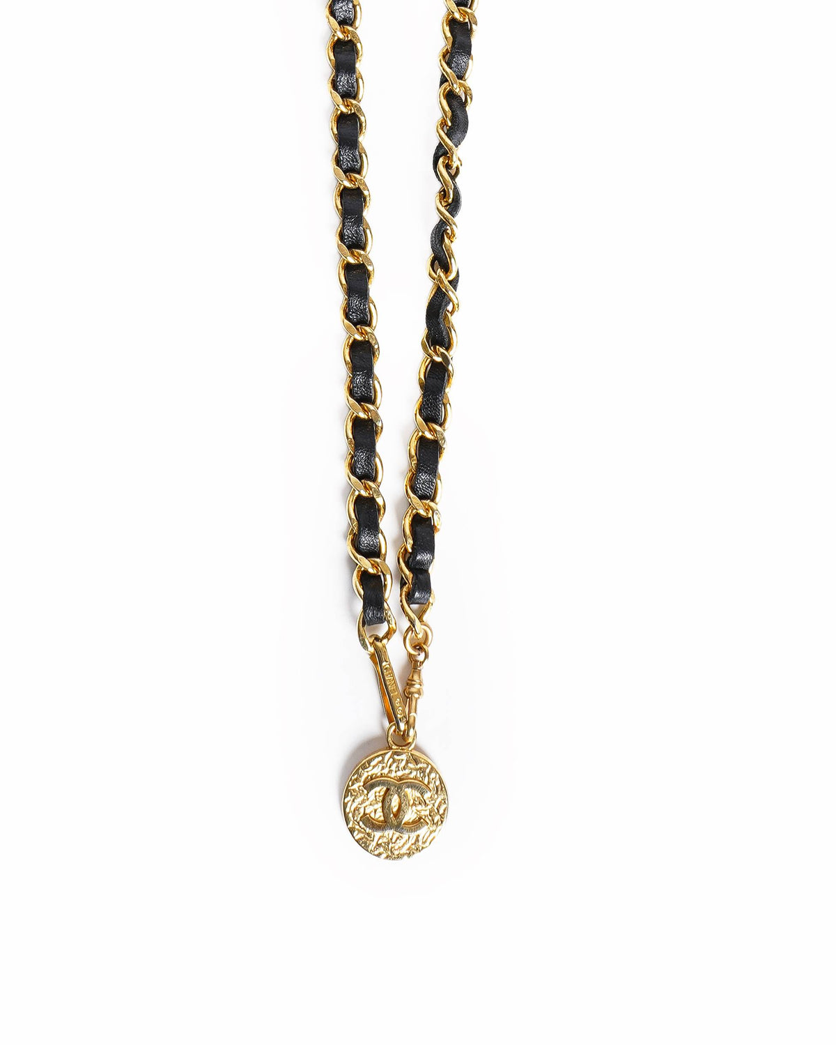 Chanel Gold Plated Black Leather CC Logos Coin Vintage Chain Belt