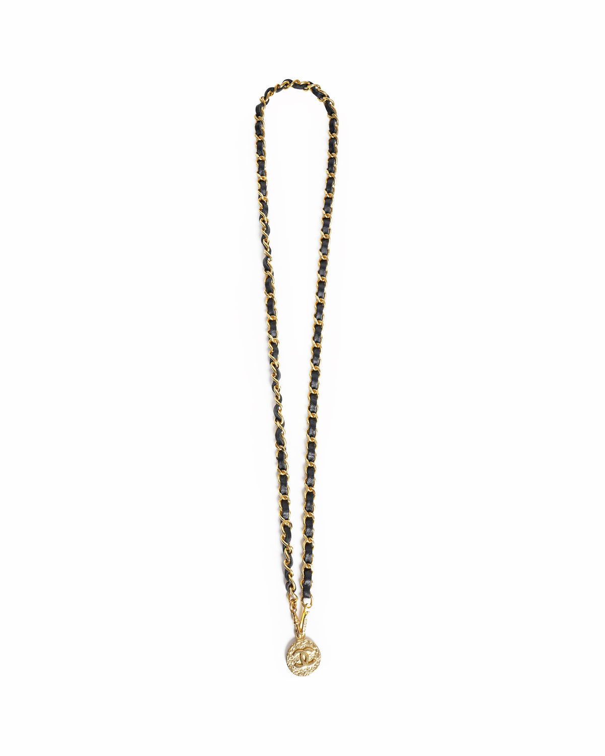 Chanel Gold Plated Black Leather CC Logos Coin Vintage Chain Belt