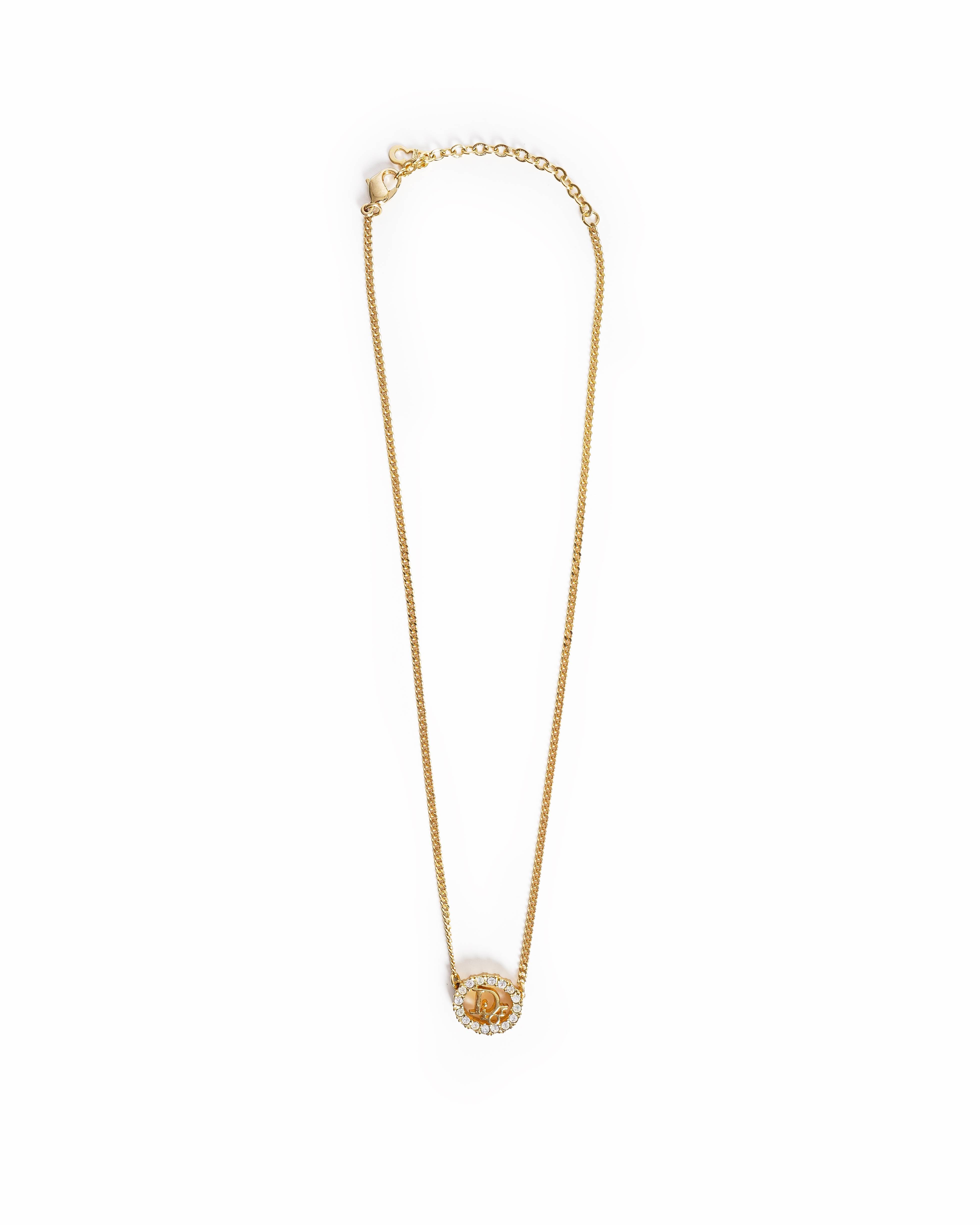 Vintage Dior Gold-Plated Rhinestone Dior Logo Circular Pendant Necklace