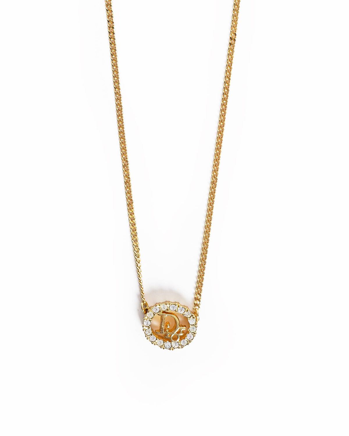 Vintage Dior Gold-Plated Rhinestone Dior Logo Circular Pendant Necklace