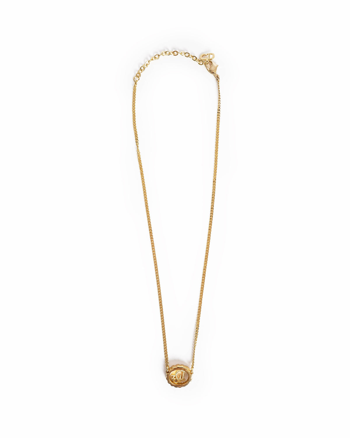 Vintage Dior Gold-Plated Rhinestone Dior Logo Circular Pendant Necklace