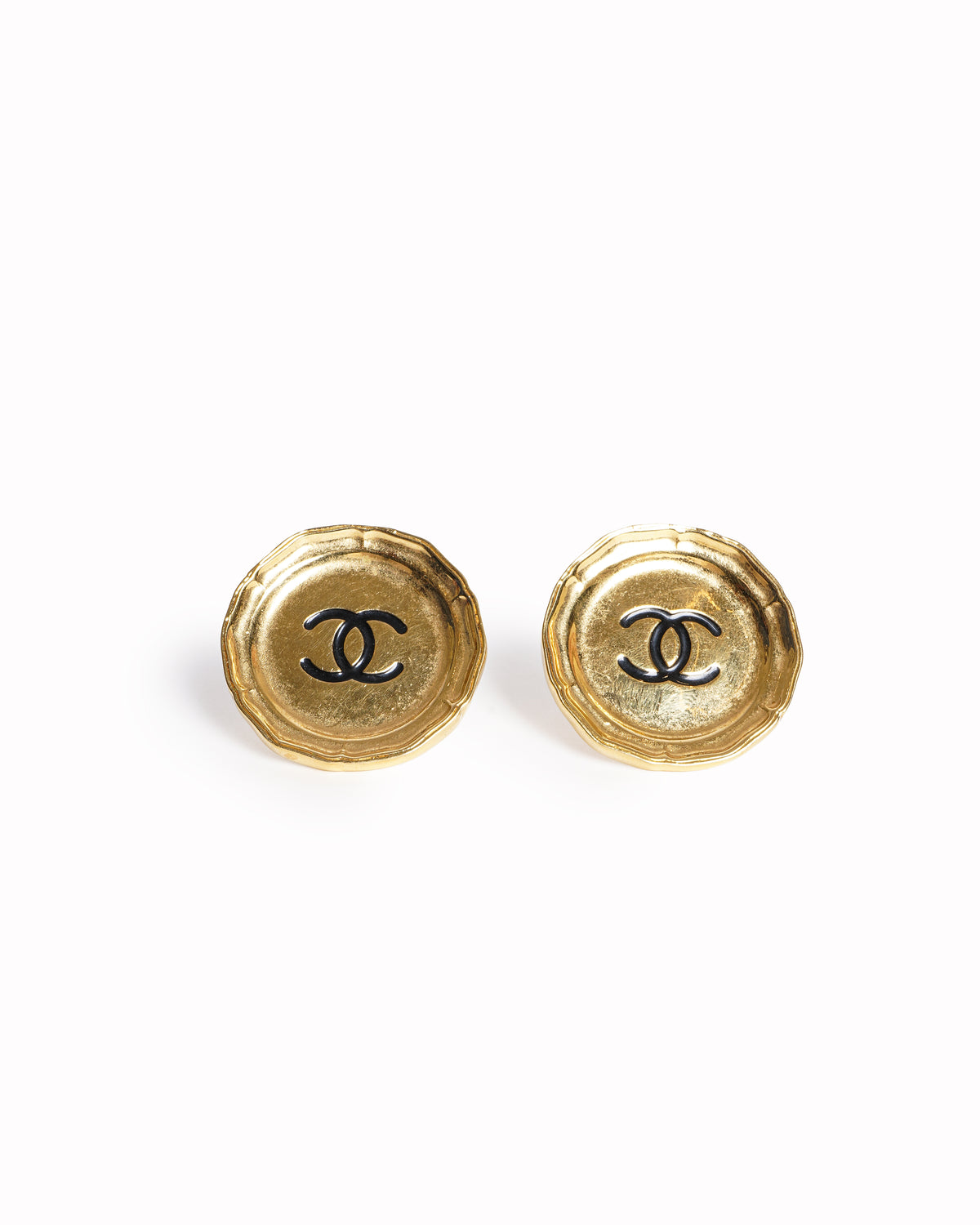 Vintage Chanel Fluted CC Enamel Button Earrings, Made In France 1990s