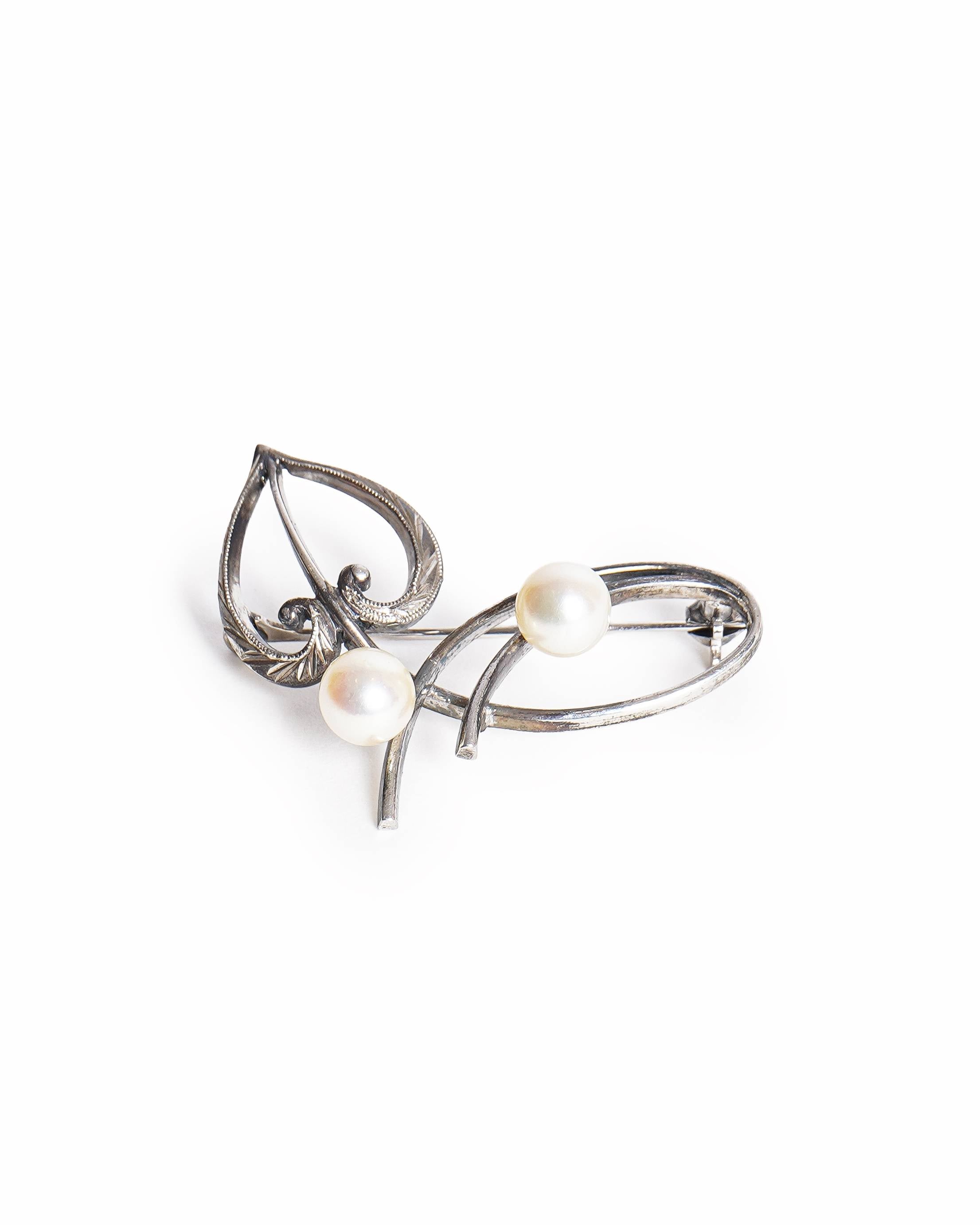 Mikimoto Akoya Pearl Sterling Silver Heart Leaf Brooch Pin