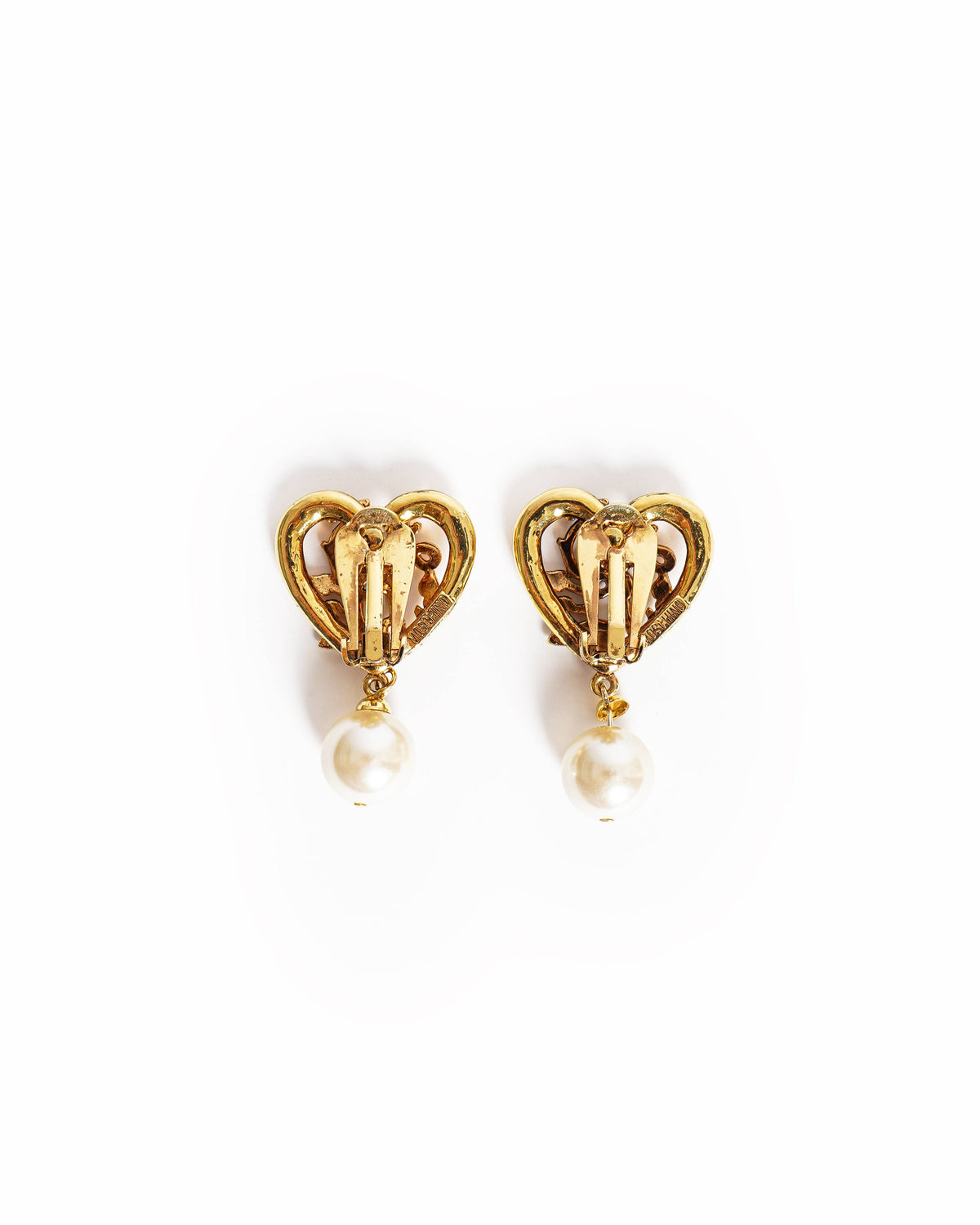 Vintage Moschino Gold-Plated Baroque Heart Ivy & Pearl Drop Earrings