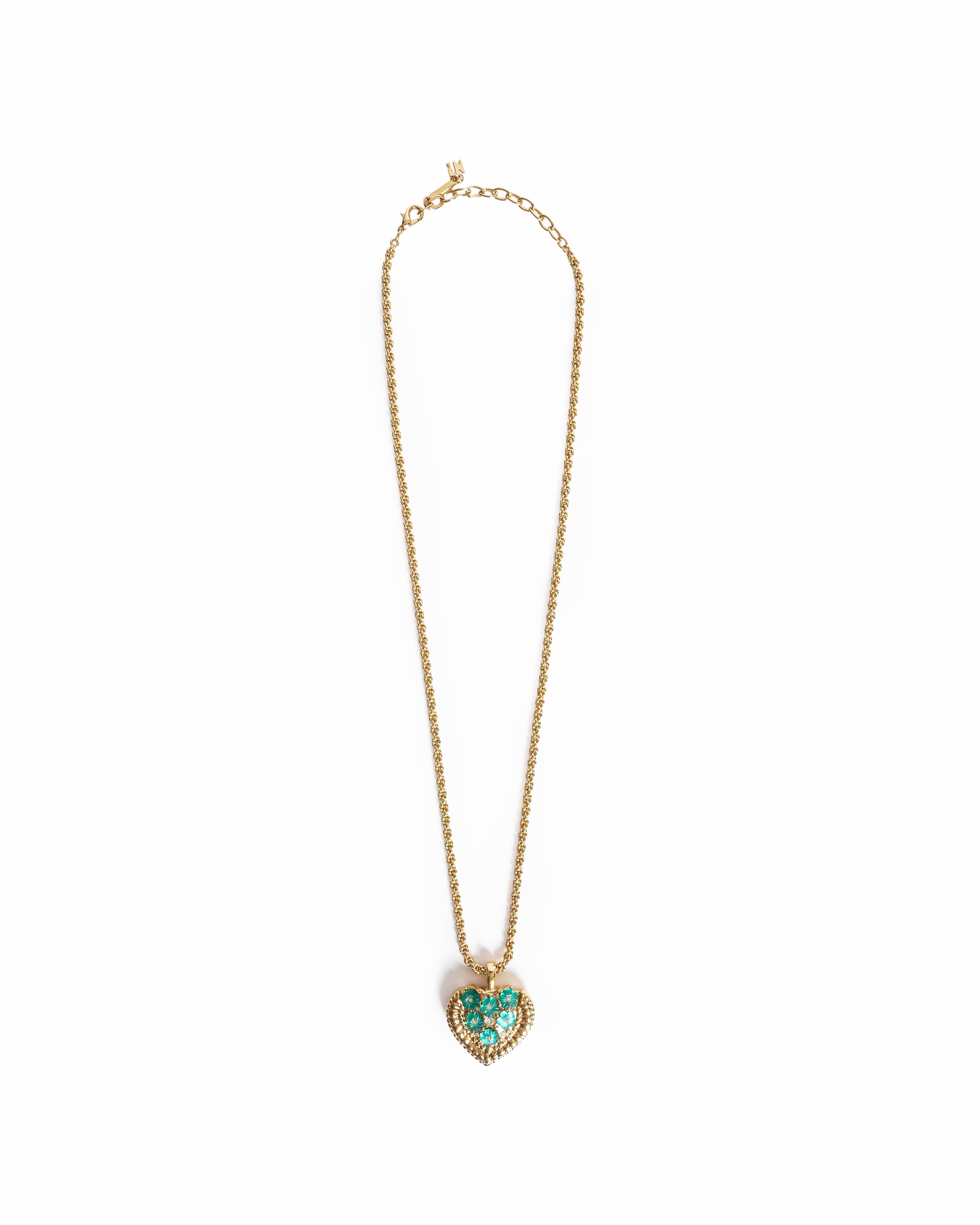Vintage Nina Ricci Gold-Plated Puffy Heart Turquoise Floral Pendant Necklace