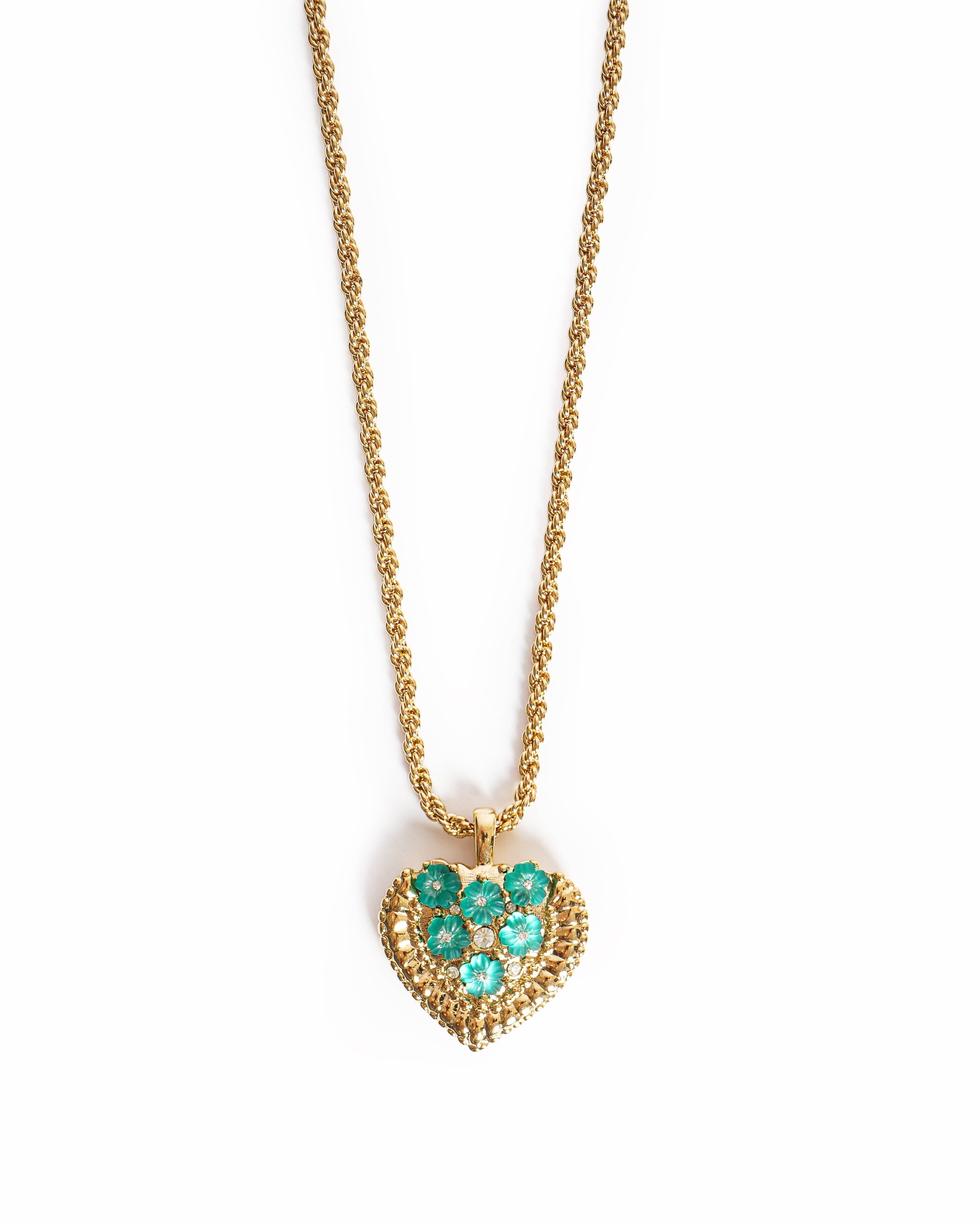 Vintage Nina Ricci Gold-Plated Puffy Heart Turquoise Floral Pendant Necklace