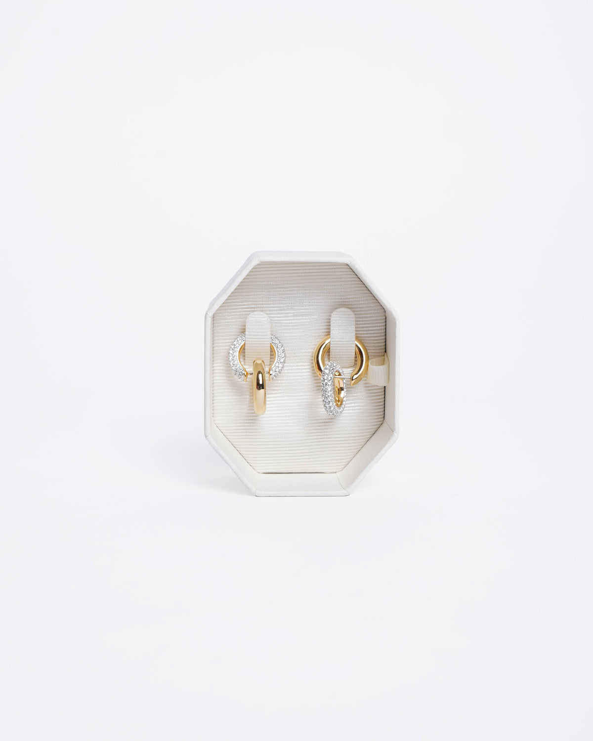 New Swarovski Dextera hoop earrings Asymmetrical design, Interlocking loop, White, Gold-tone plated