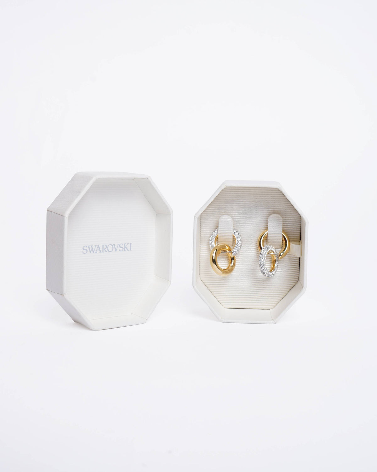 New Swarovski Dextera hoop earrings Asymmetrical design, Interlocking loop, White, Gold-tone plated