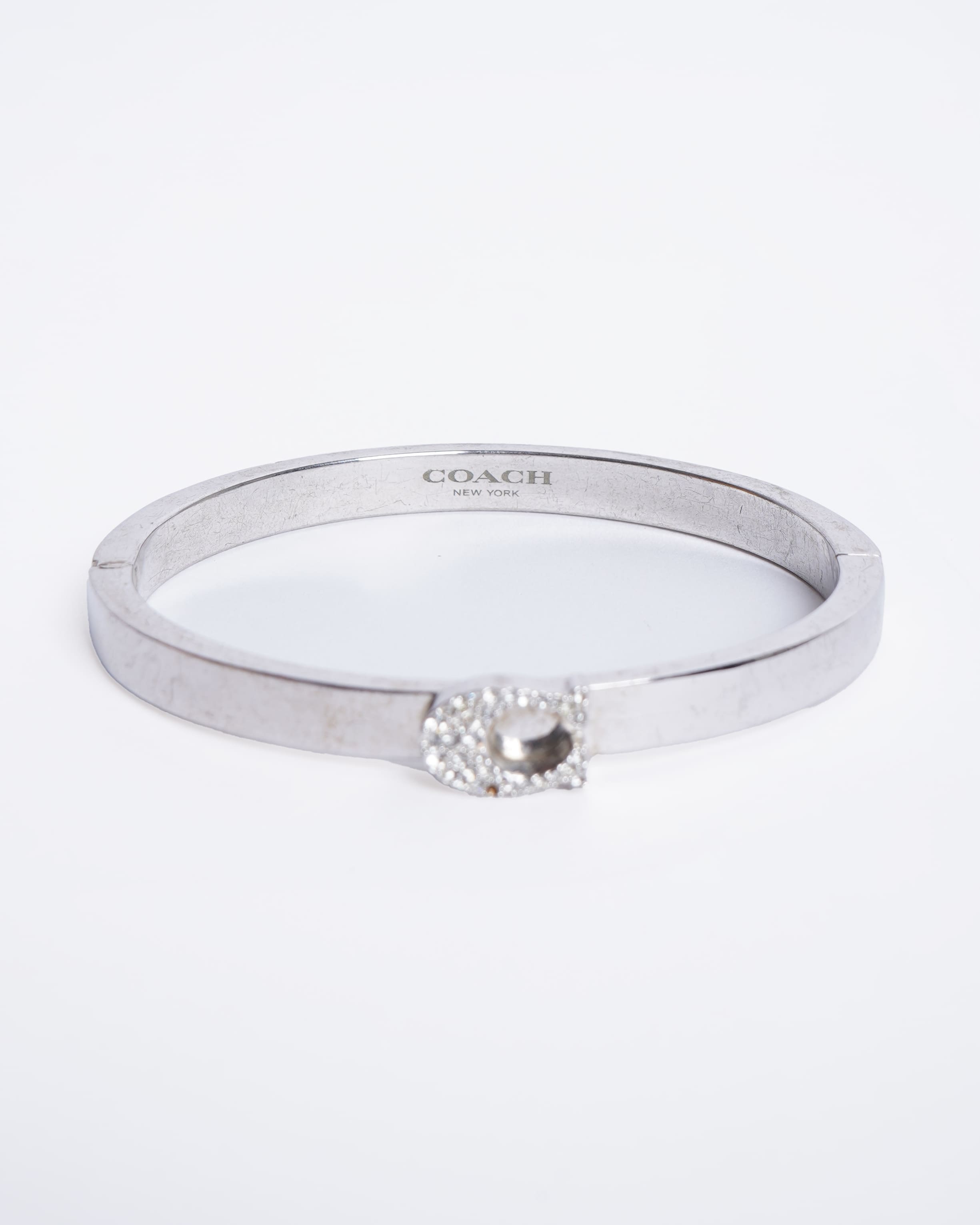 Coach Silver Crystal Signature C Logo Hinged Bangle Bracelet