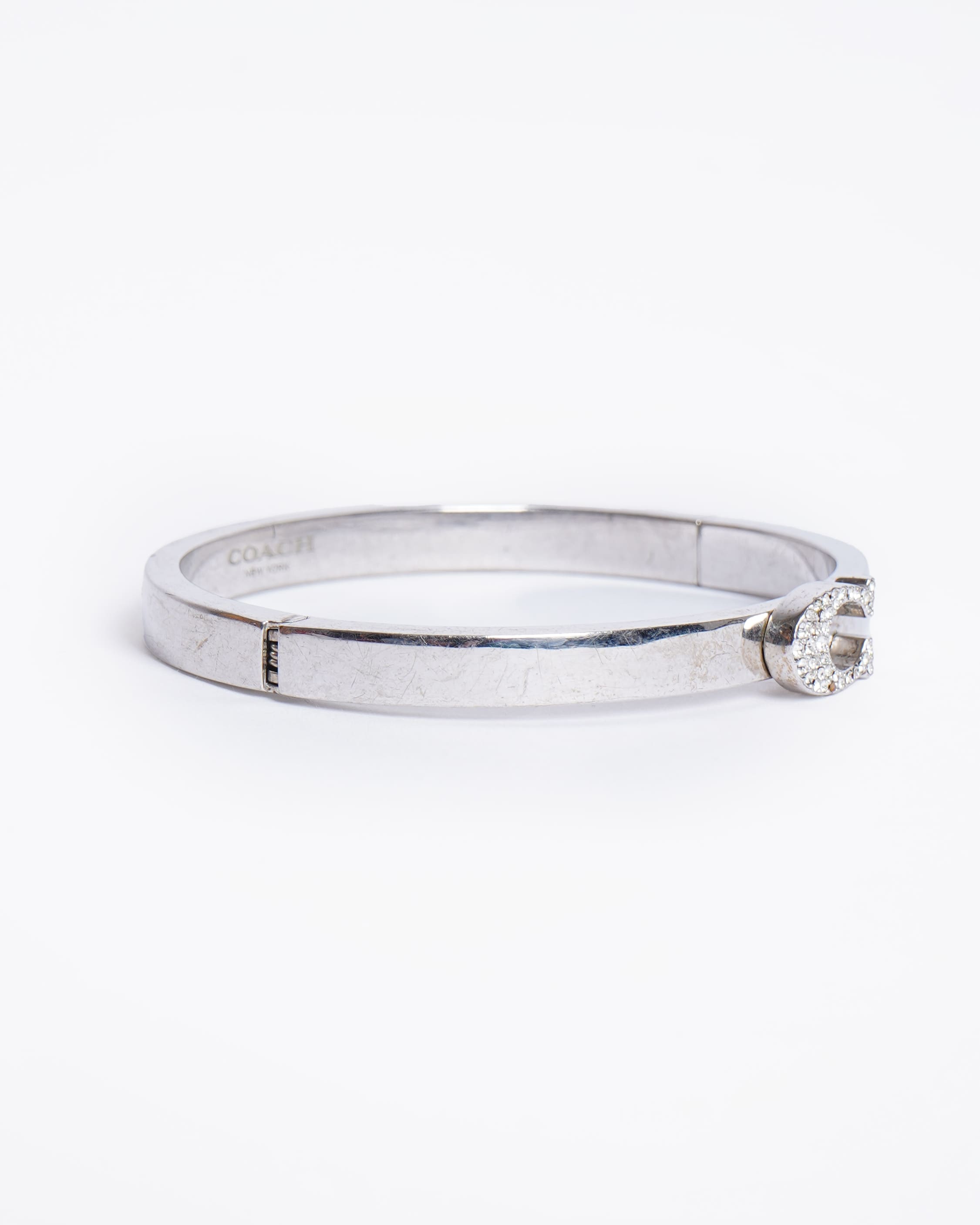 Coach Silver Crystal Signature C Logo Hinged Bangle Bracelet