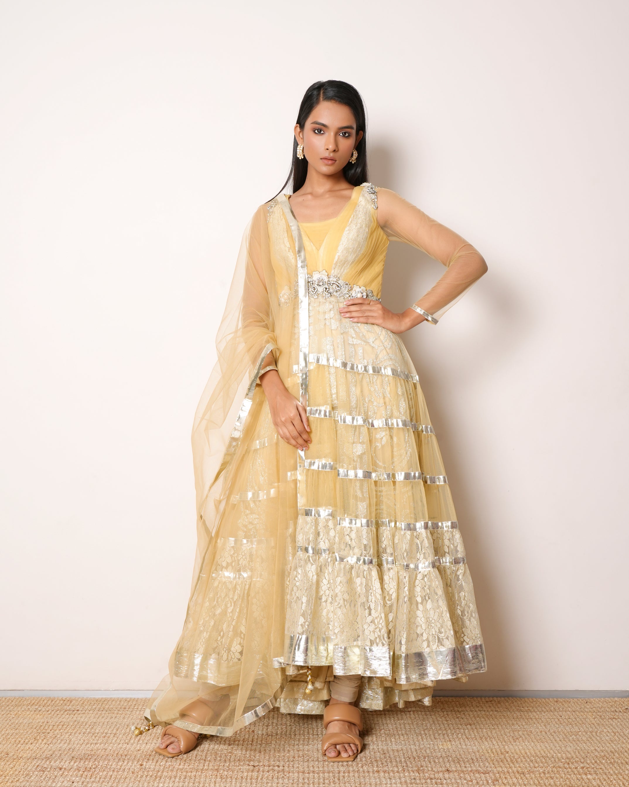 Falguni Shane Peacock Vintage Golden Net Anarkali