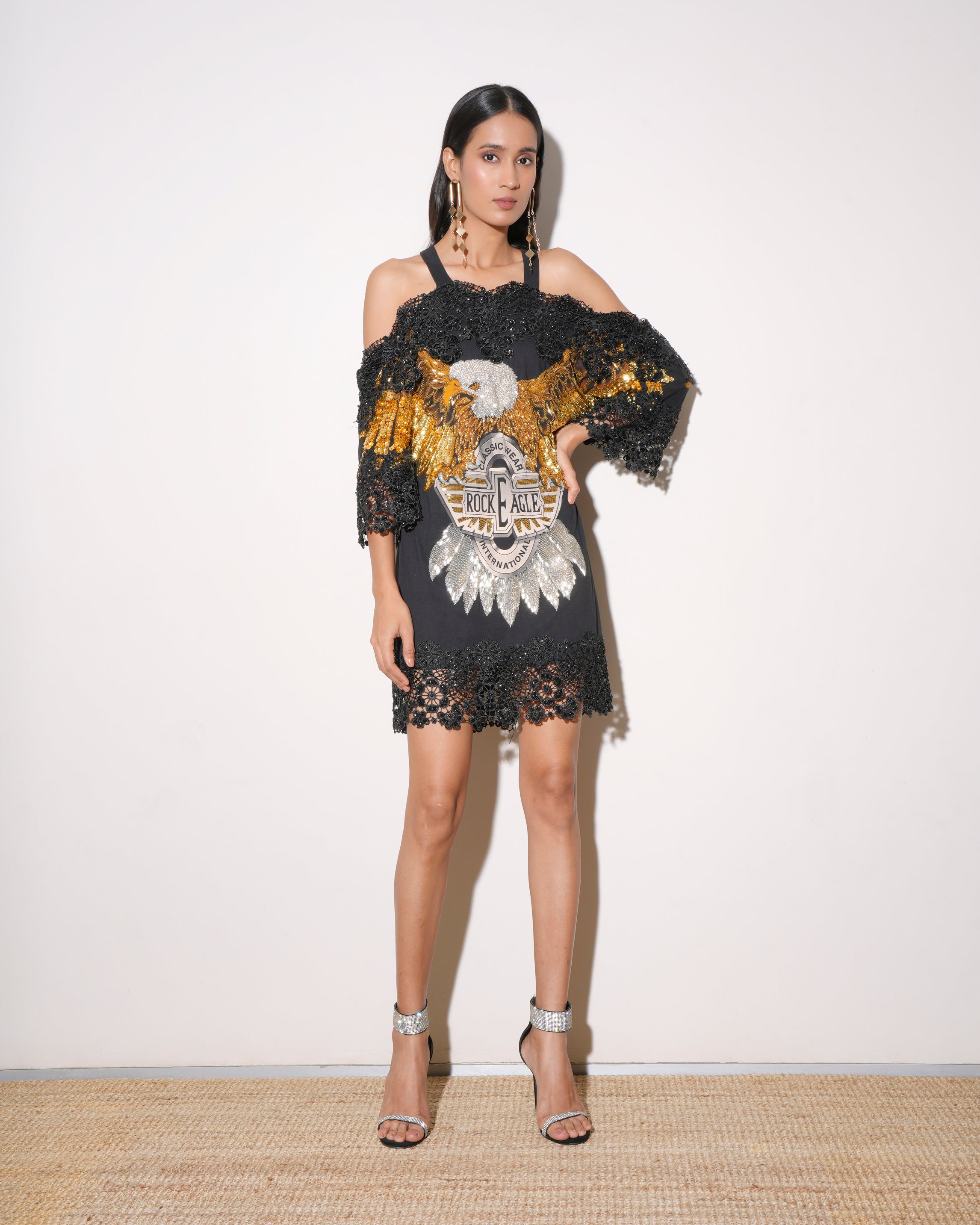 Diseno Black Embellished Golden Eagle Dress