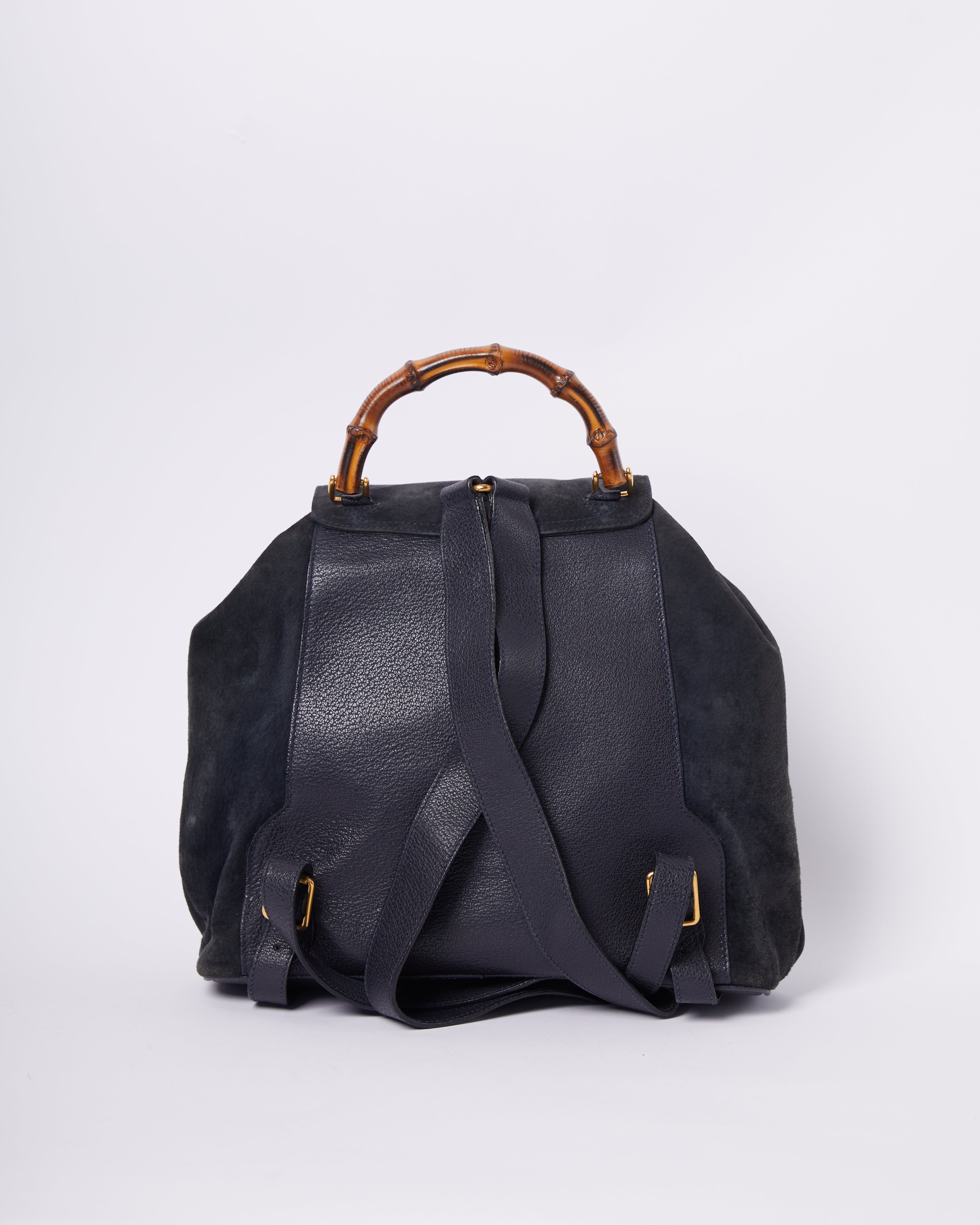 Gucci Vintage Navy Blue Suede Leather Bamboo Bag