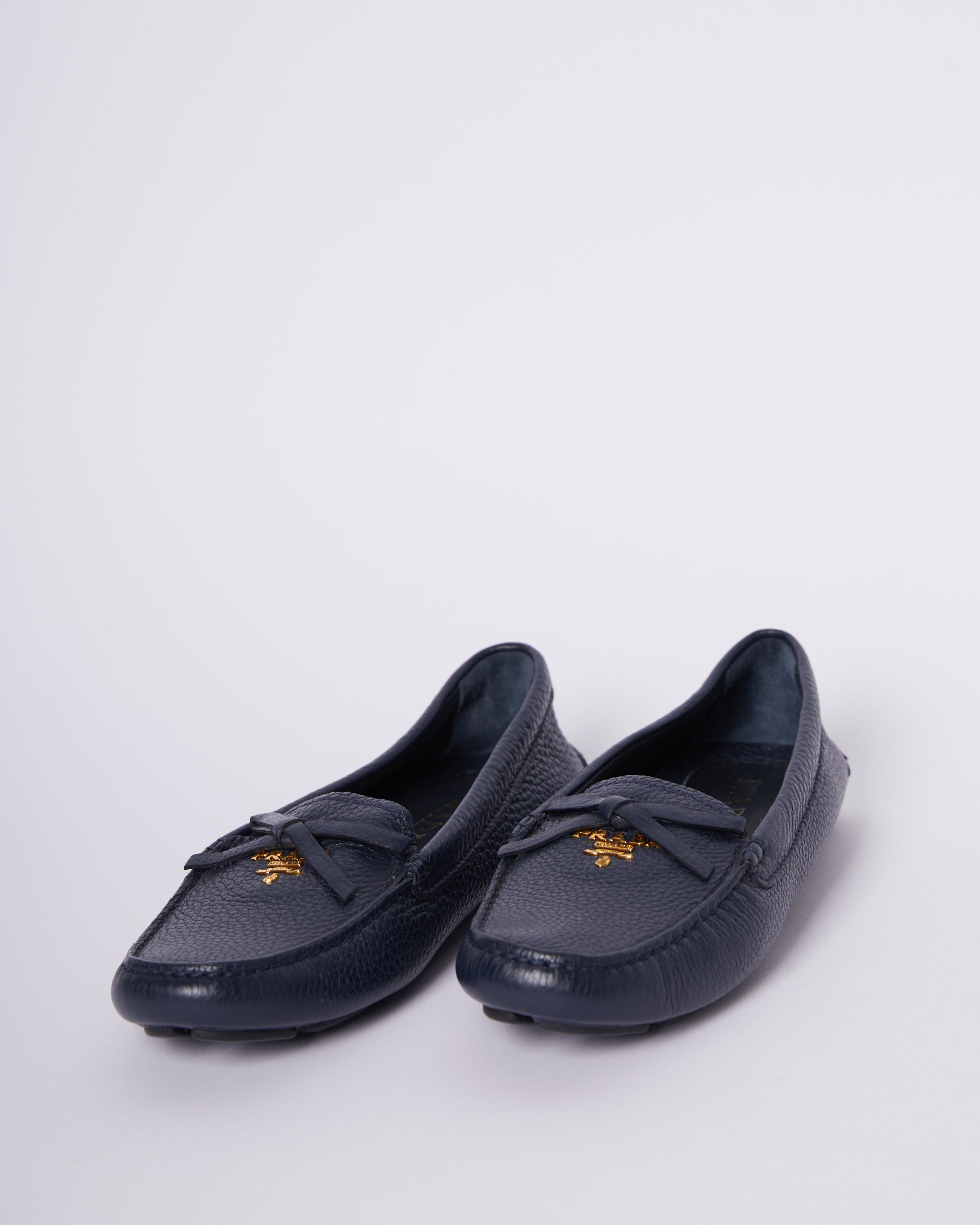 Prada Blue Leather Bow Slip Loafers