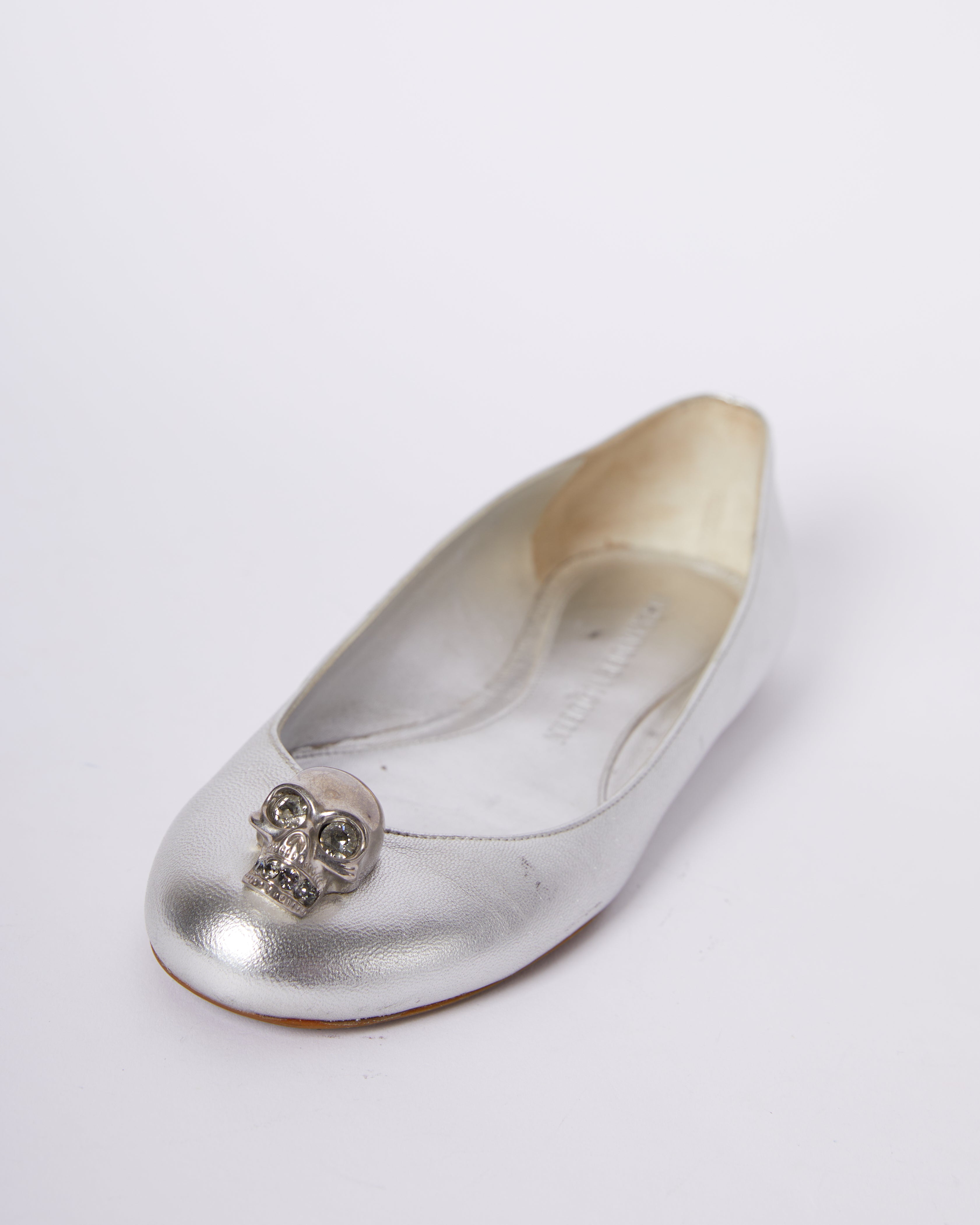 Alexander McQueen Silver Leather Skull City Ballet Flats