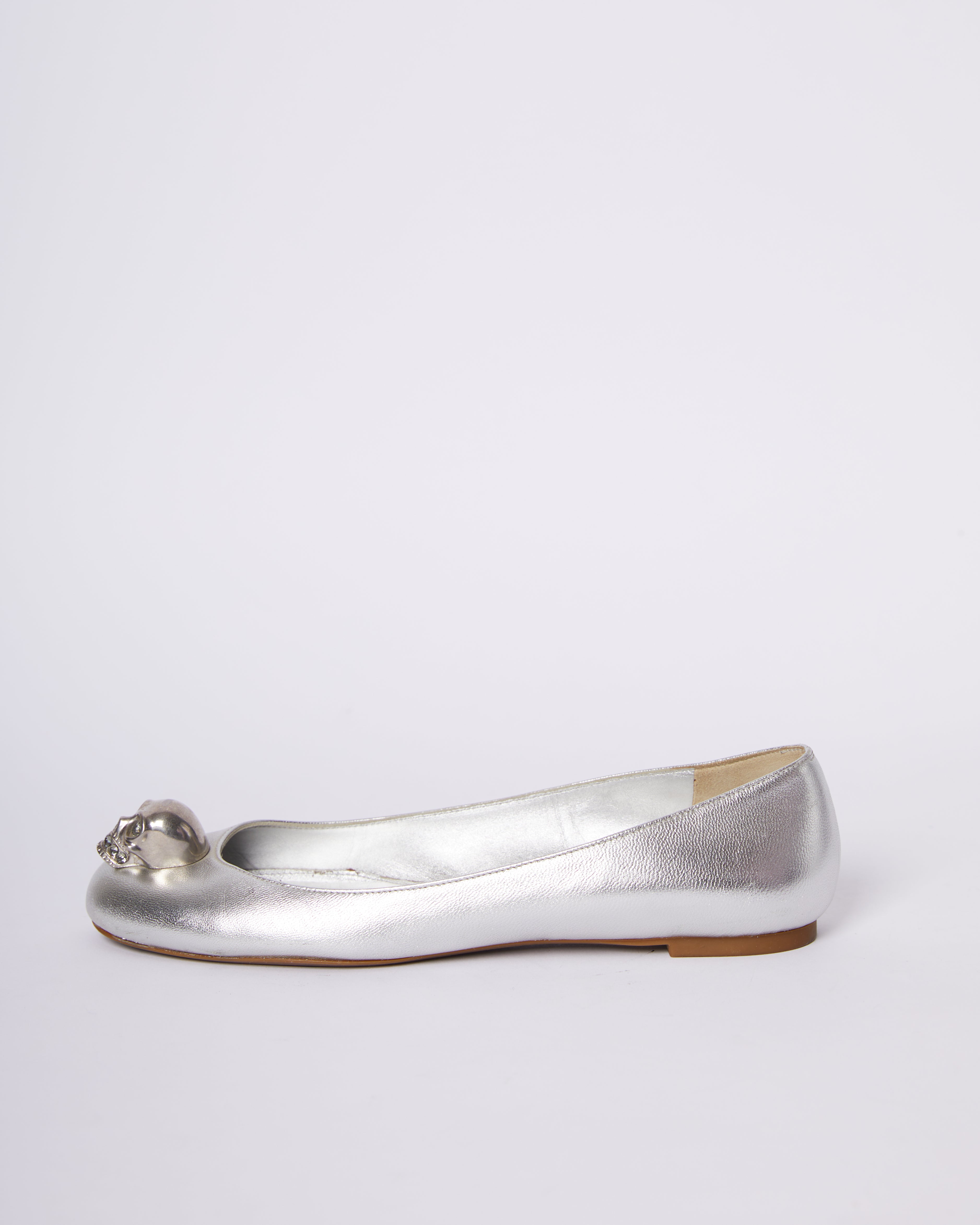 Alexander McQueen Silver Leather Skull City Ballet Flats