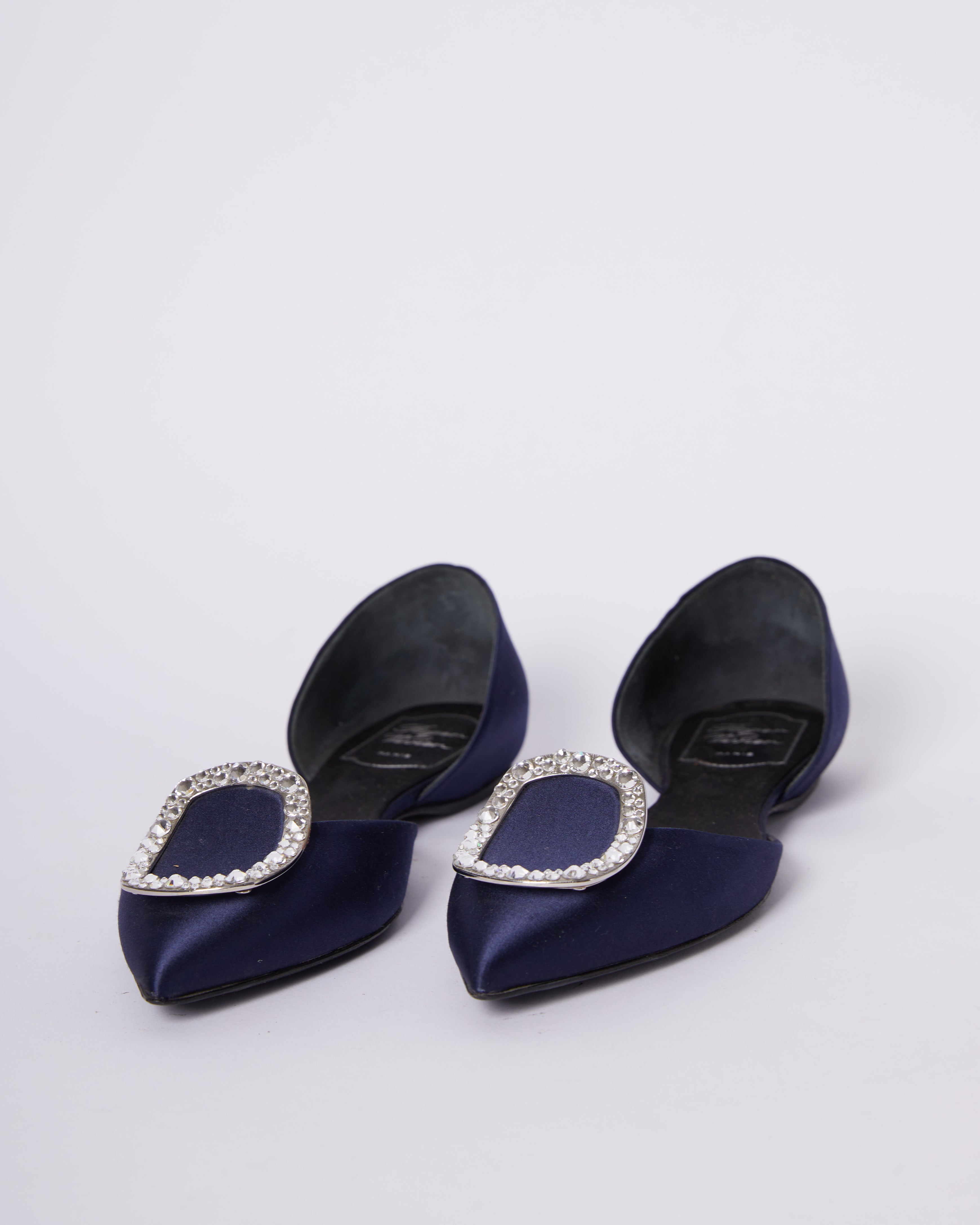 Roger Vivier Chips Strass Navy Satin Crystal Buckle Flats