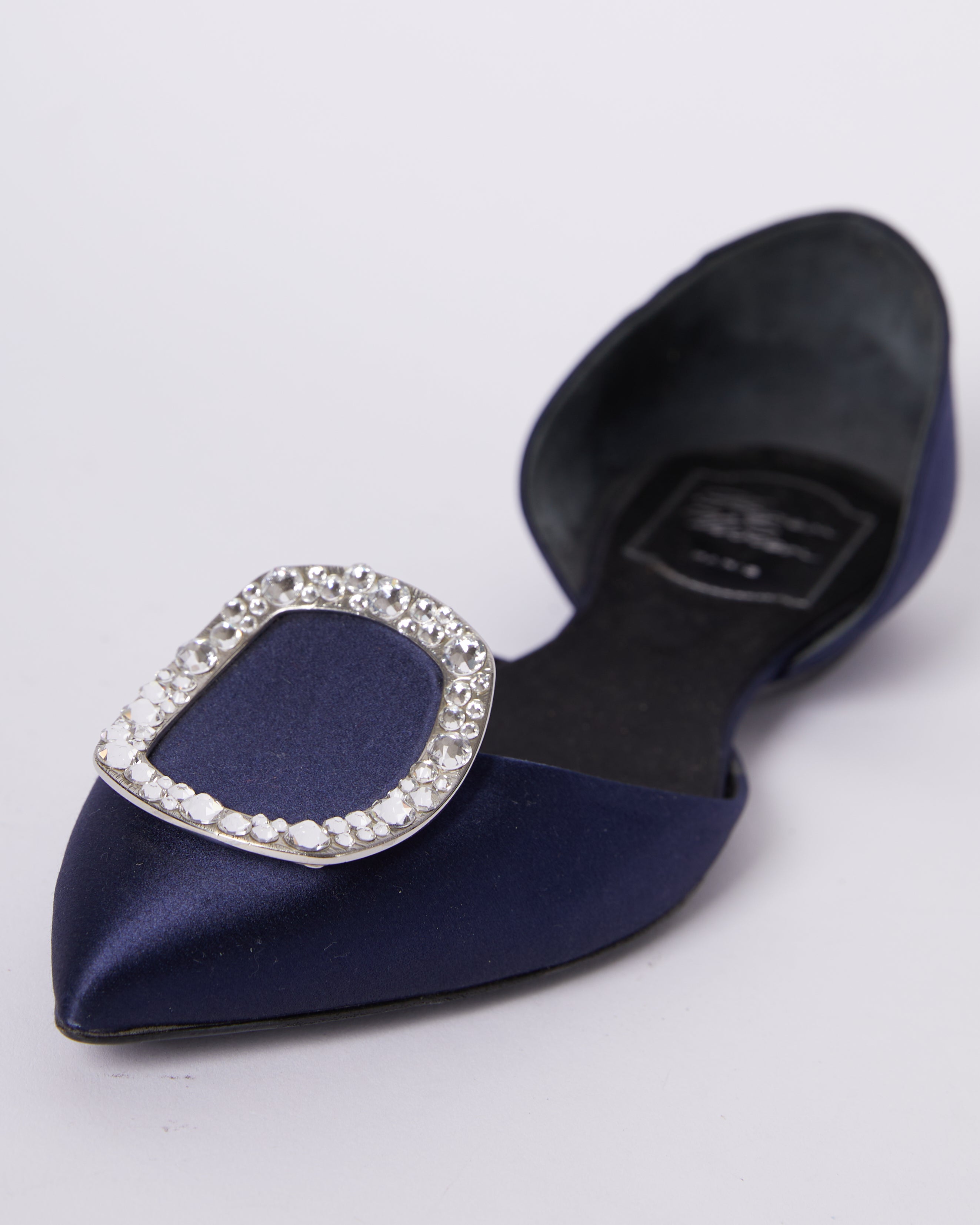 Roger Vivier Chips Strass Navy Satin Crystal Buckle Flats