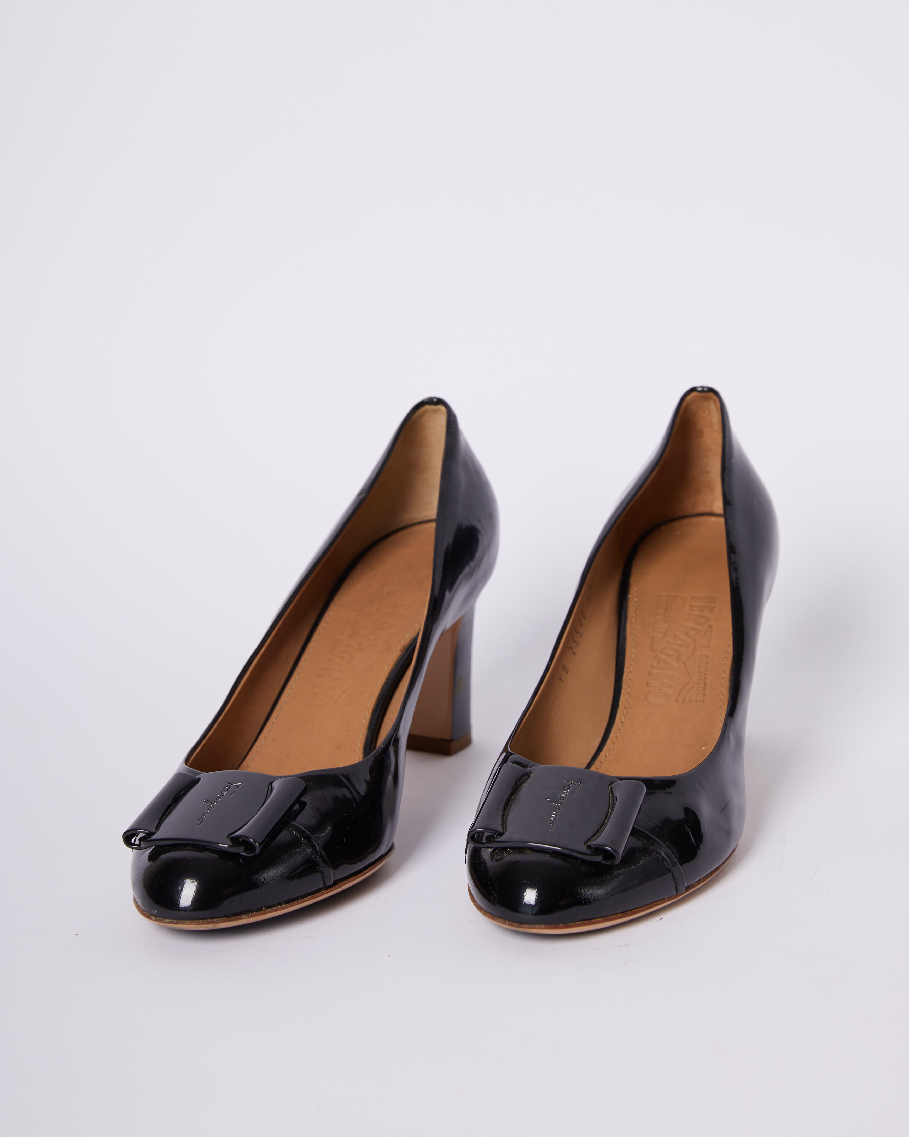 Salvatore Ferragamo Black Patent Leather Cap Tie Pumps