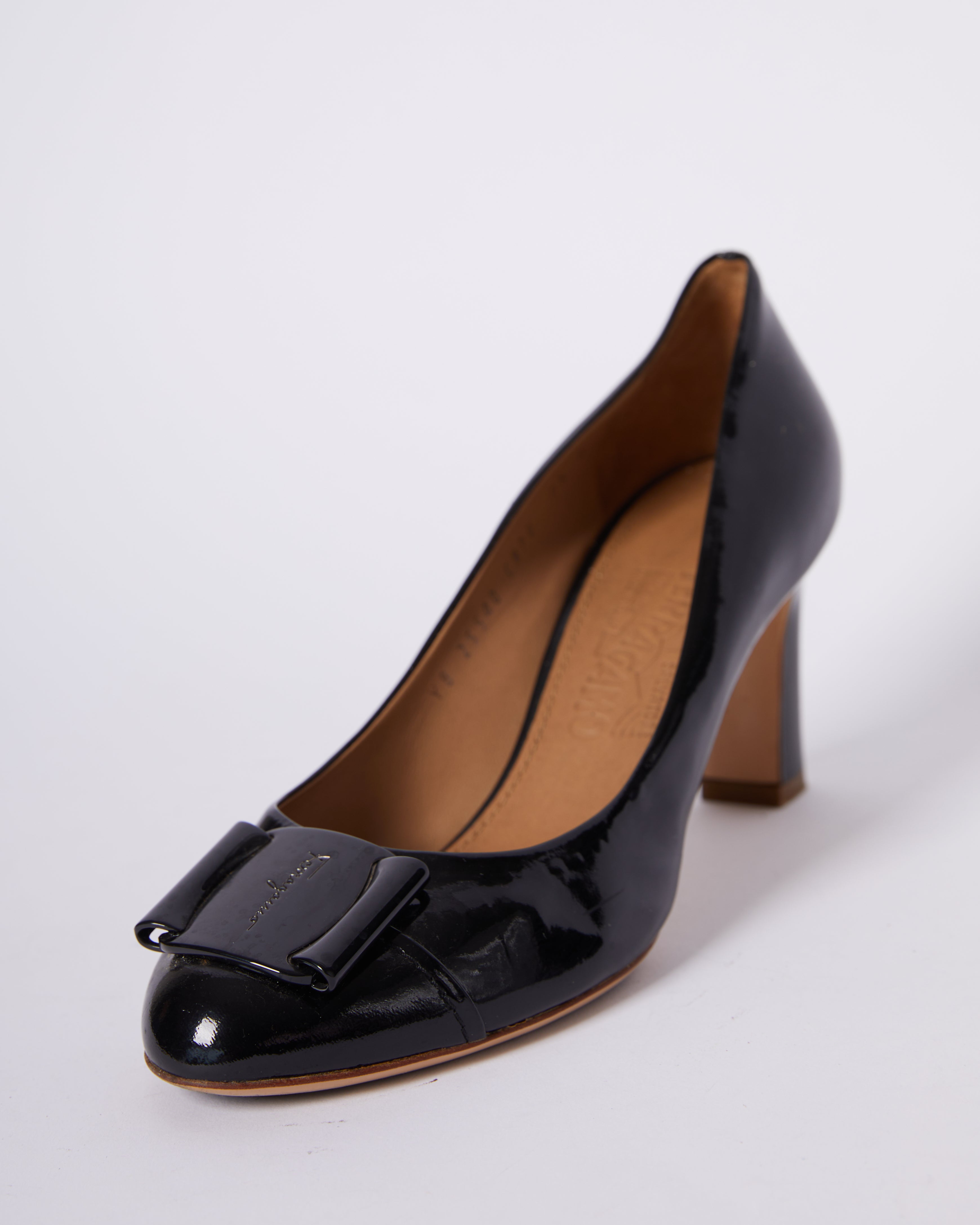 Salvatore Ferragamo Black Patent Leather Cap Tie Pumps