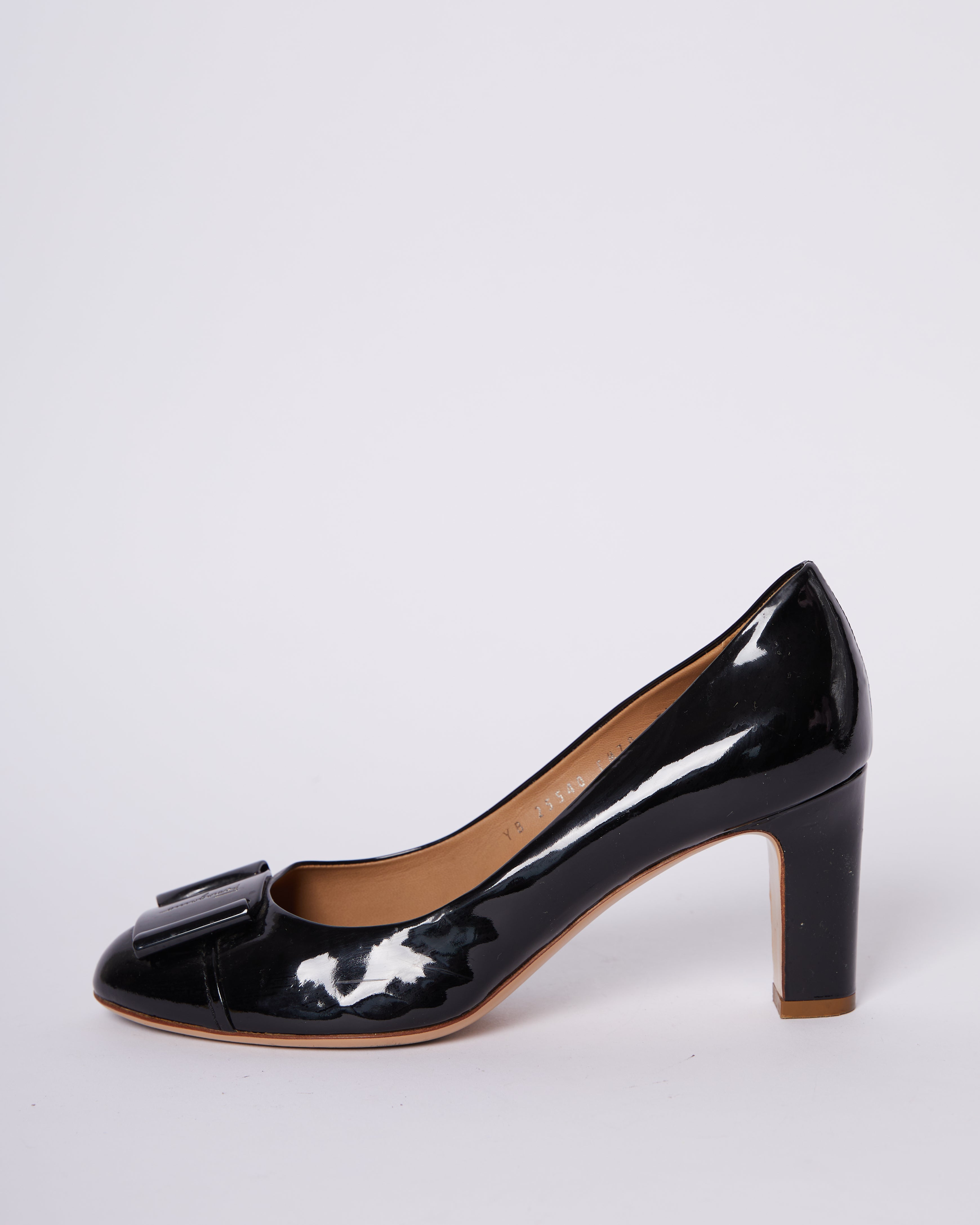 Salvatore Ferragamo Black Patent Leather Cap Tie Pumps