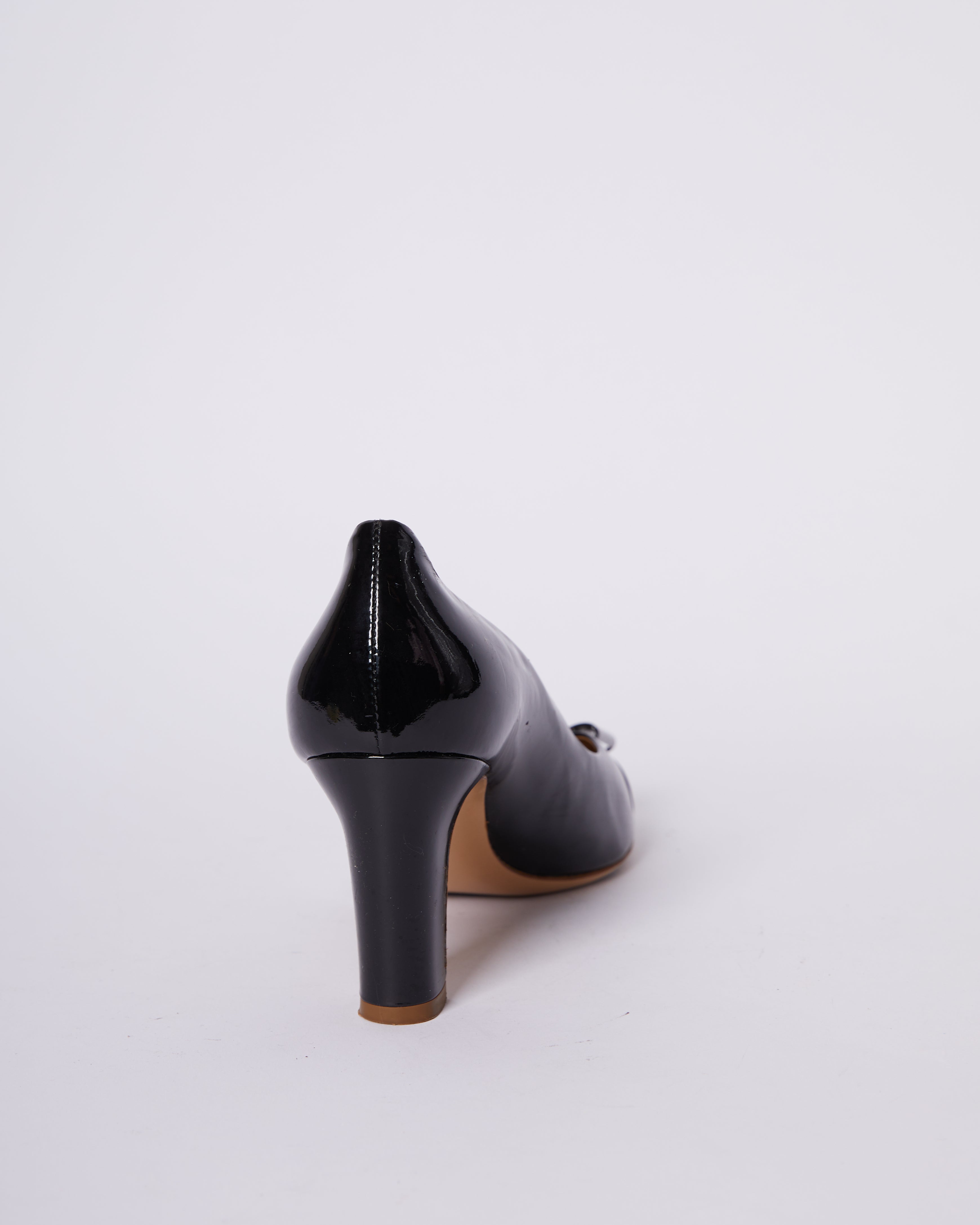 Salvatore Ferragamo Black Patent Leather Cap Tie Pumps