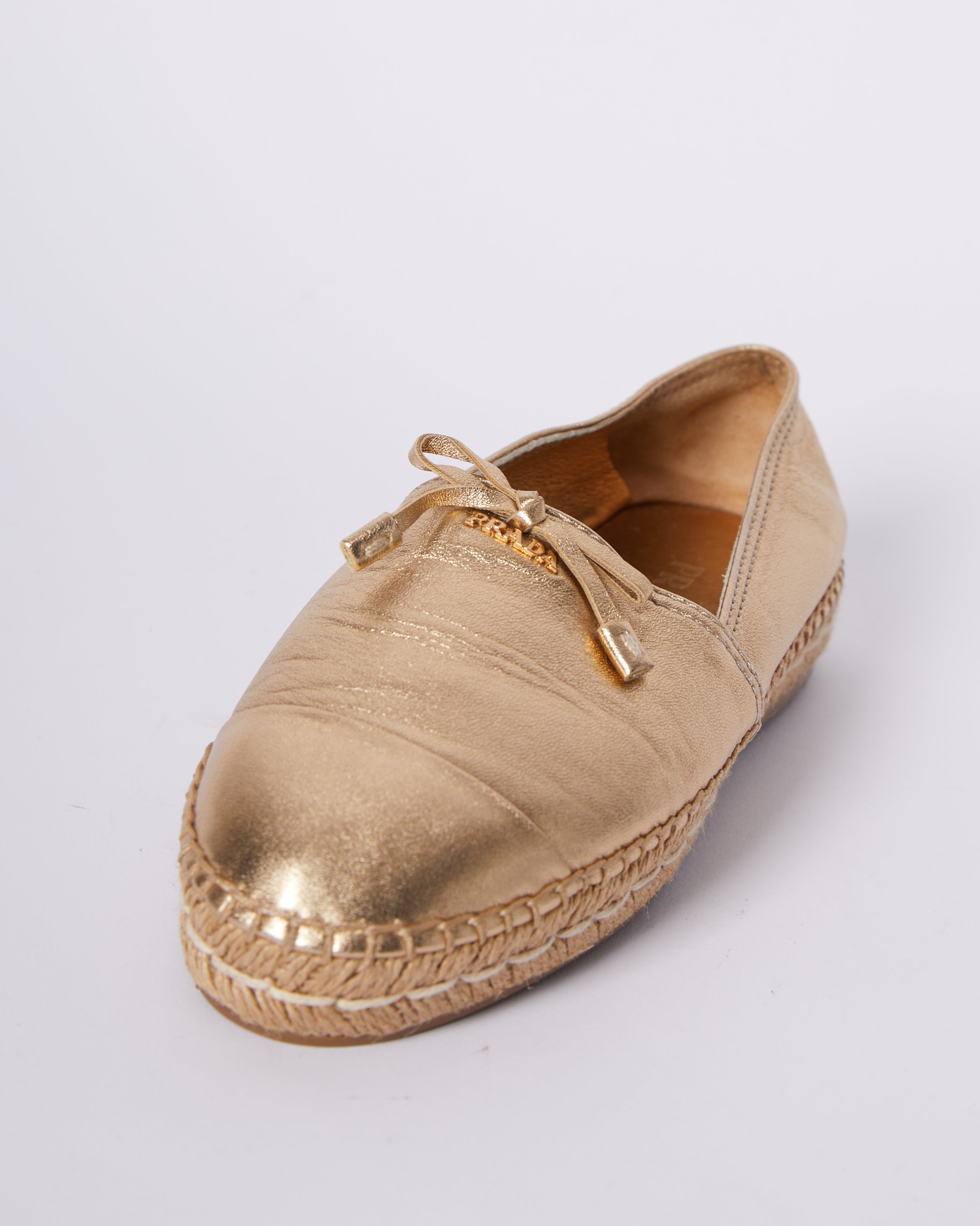 Prada Metallic Gold Leather Bow Espadrille Flats