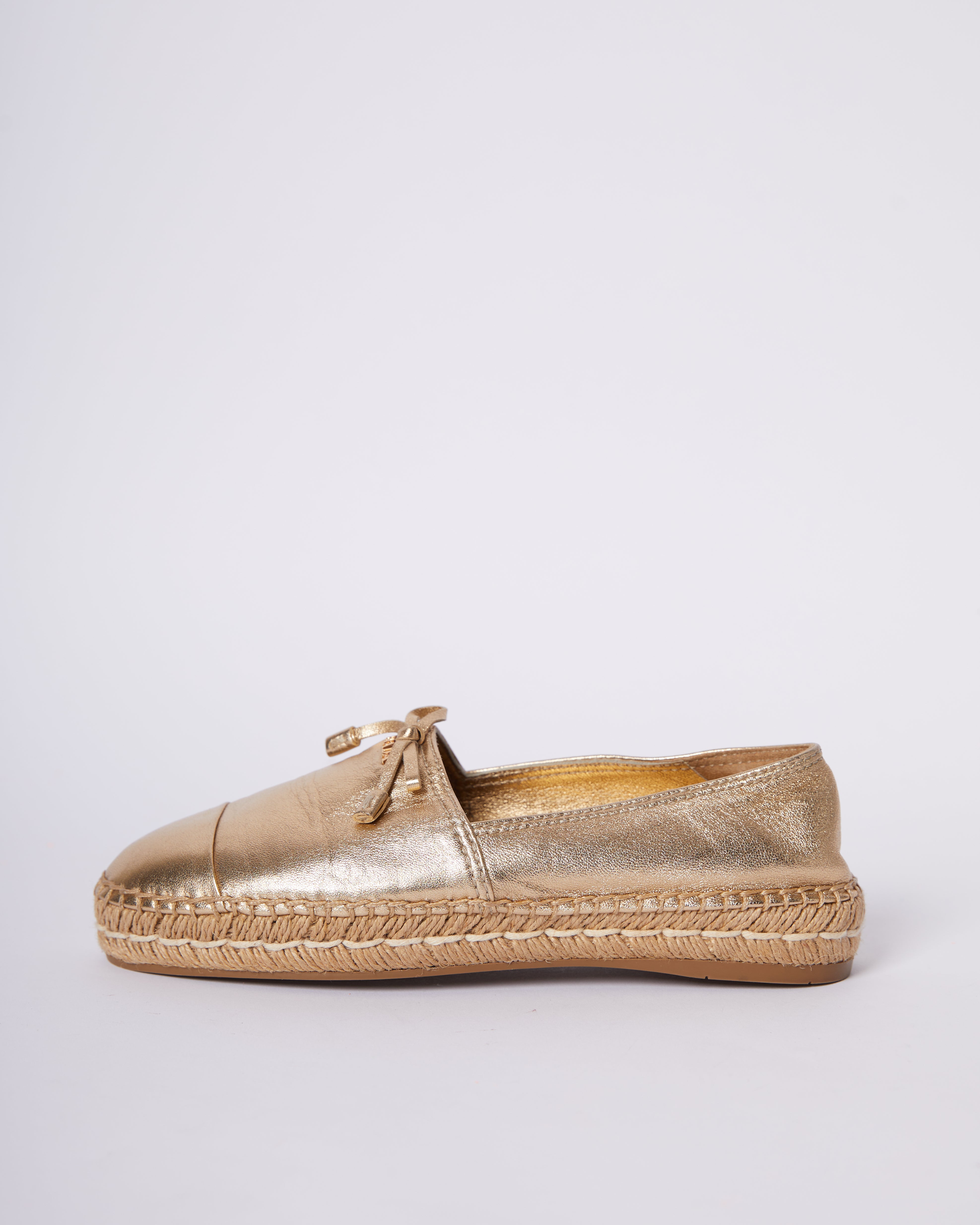 Prada Metallic Gold Leather Bow Espadrille Flats