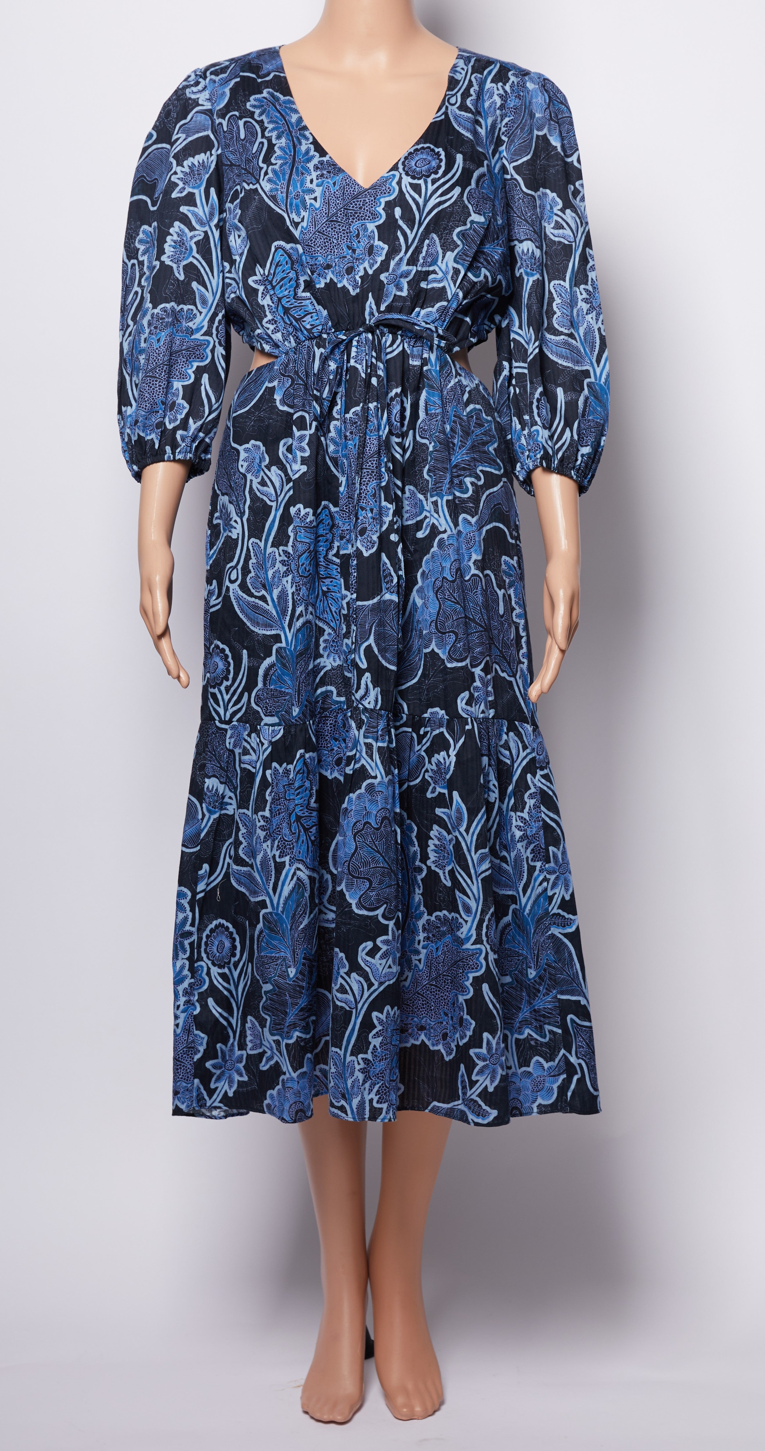 Parker Dixie Printed Cut Waist Midi Length Marine Safari Blue Dress