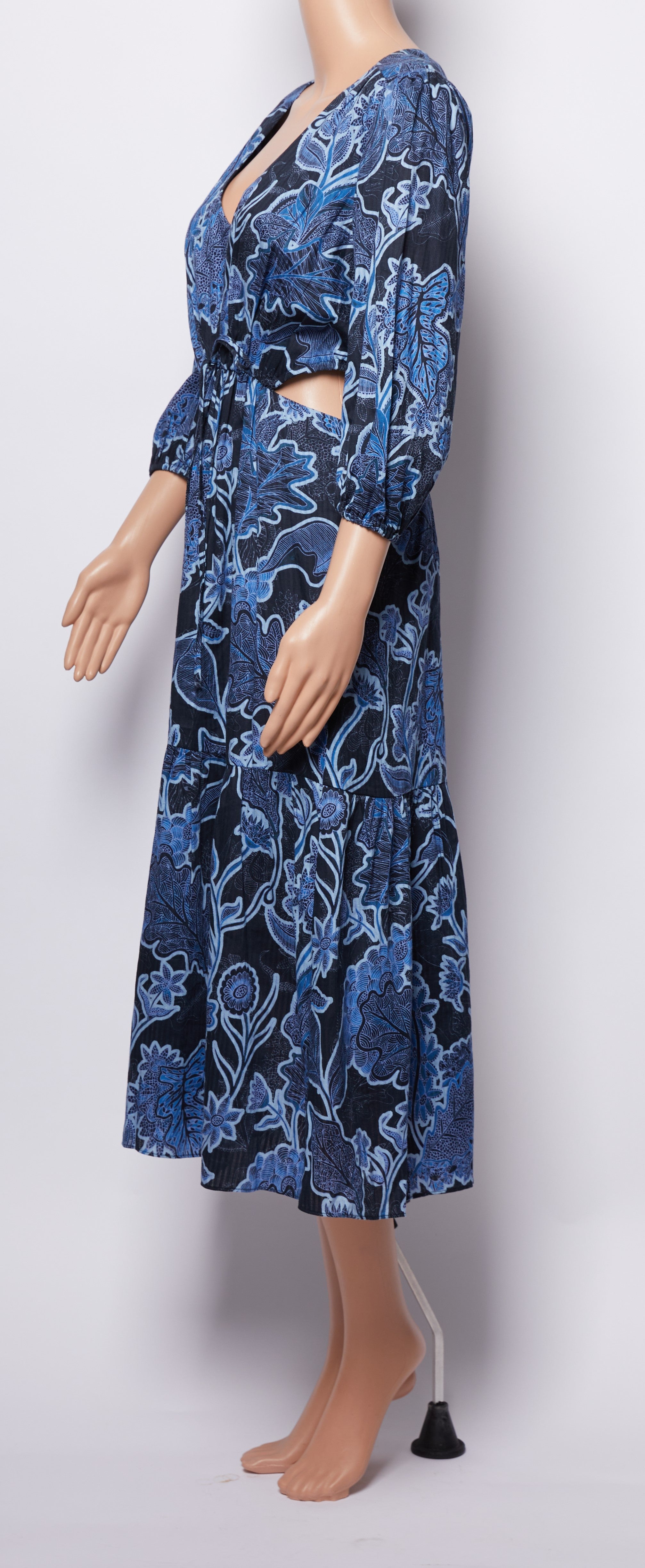 Parker Dixie Printed Cut Waist Midi Length Marine Safari Blue Dress