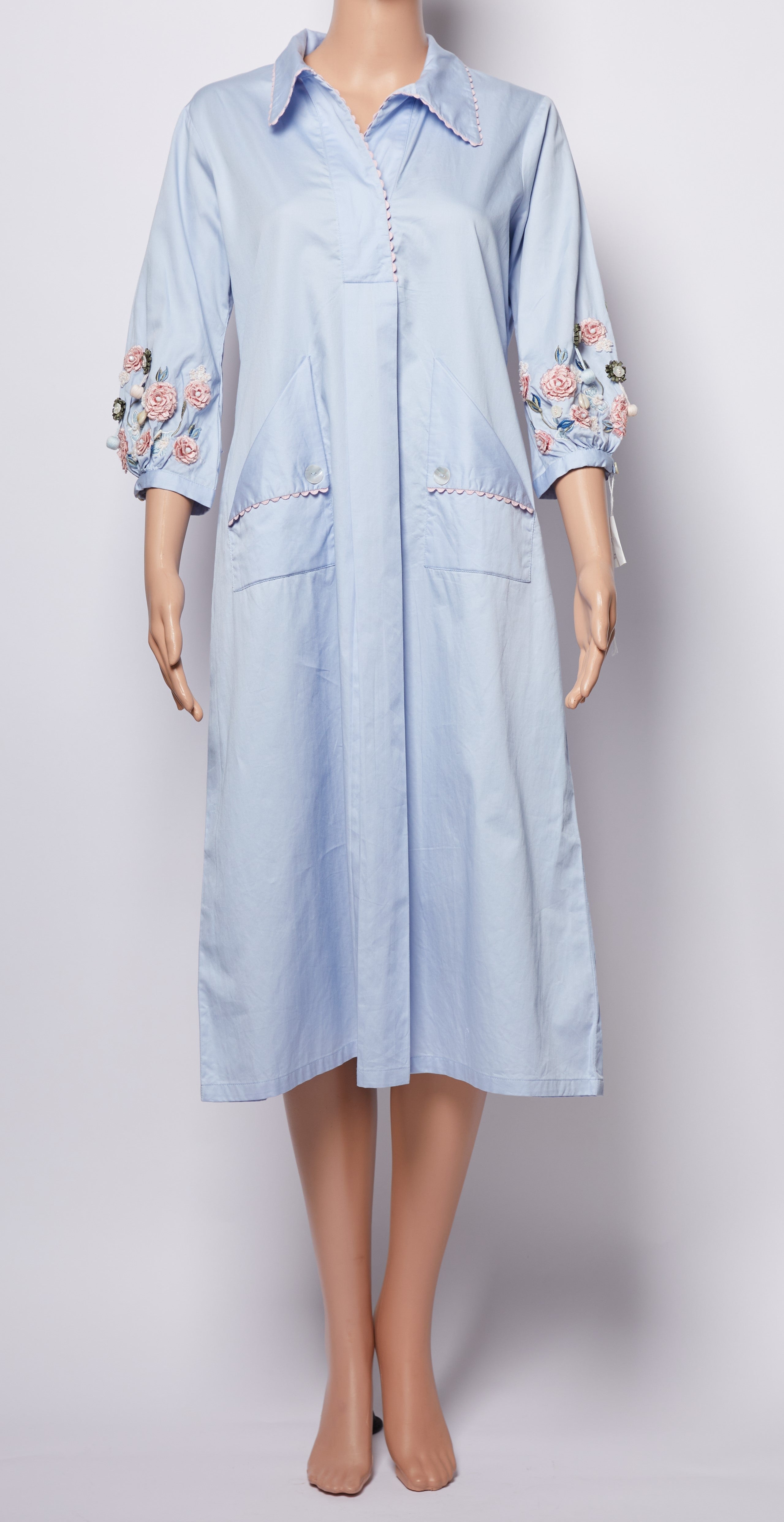 Our Love Shirt Dress In Powder Blue With Embroidered Sleeves