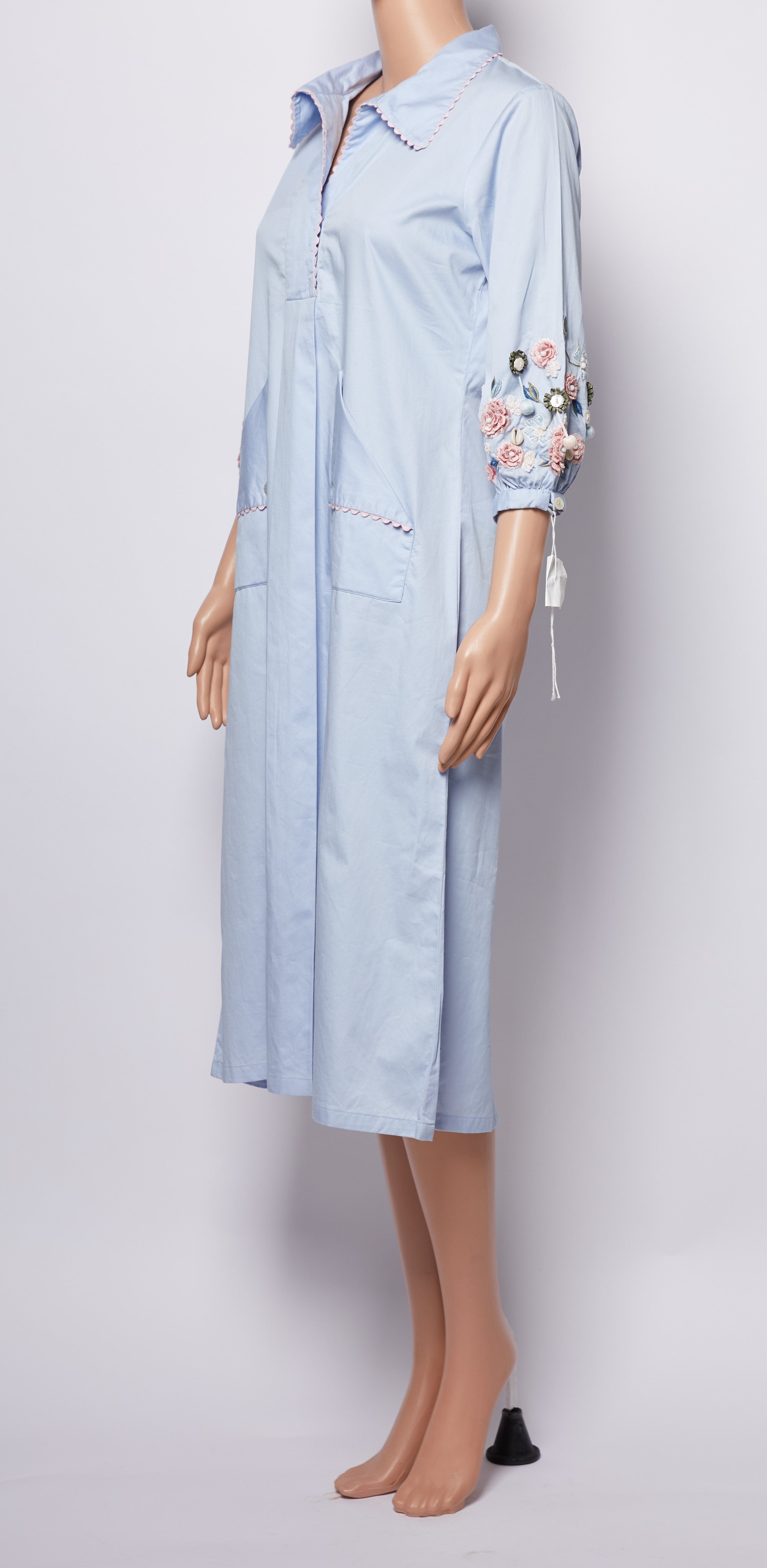 Our Love Shirt Dress In Powder Blue With Embroidered Sleeves