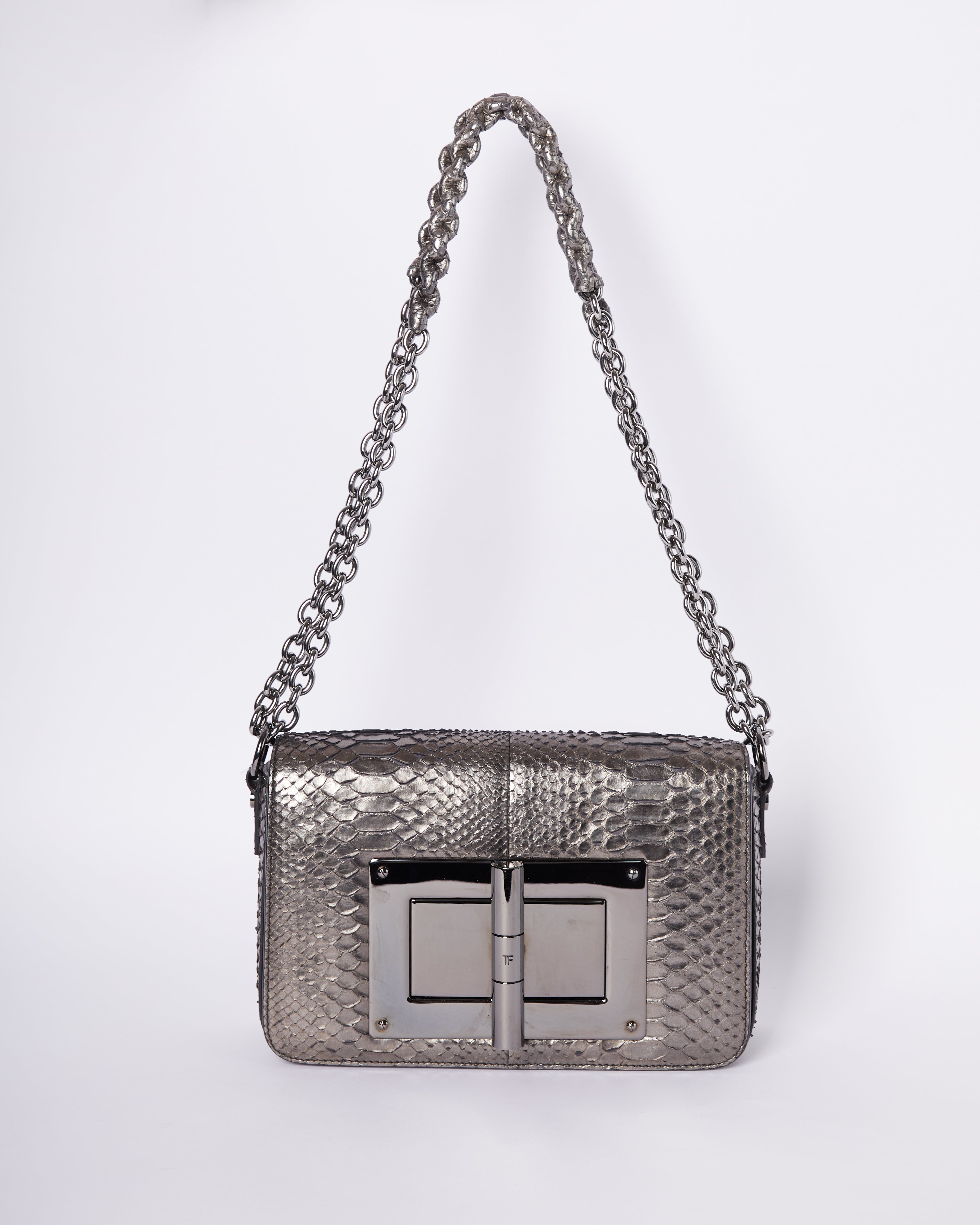 Tom Ford Metallic Silver Python Small Chain Bag