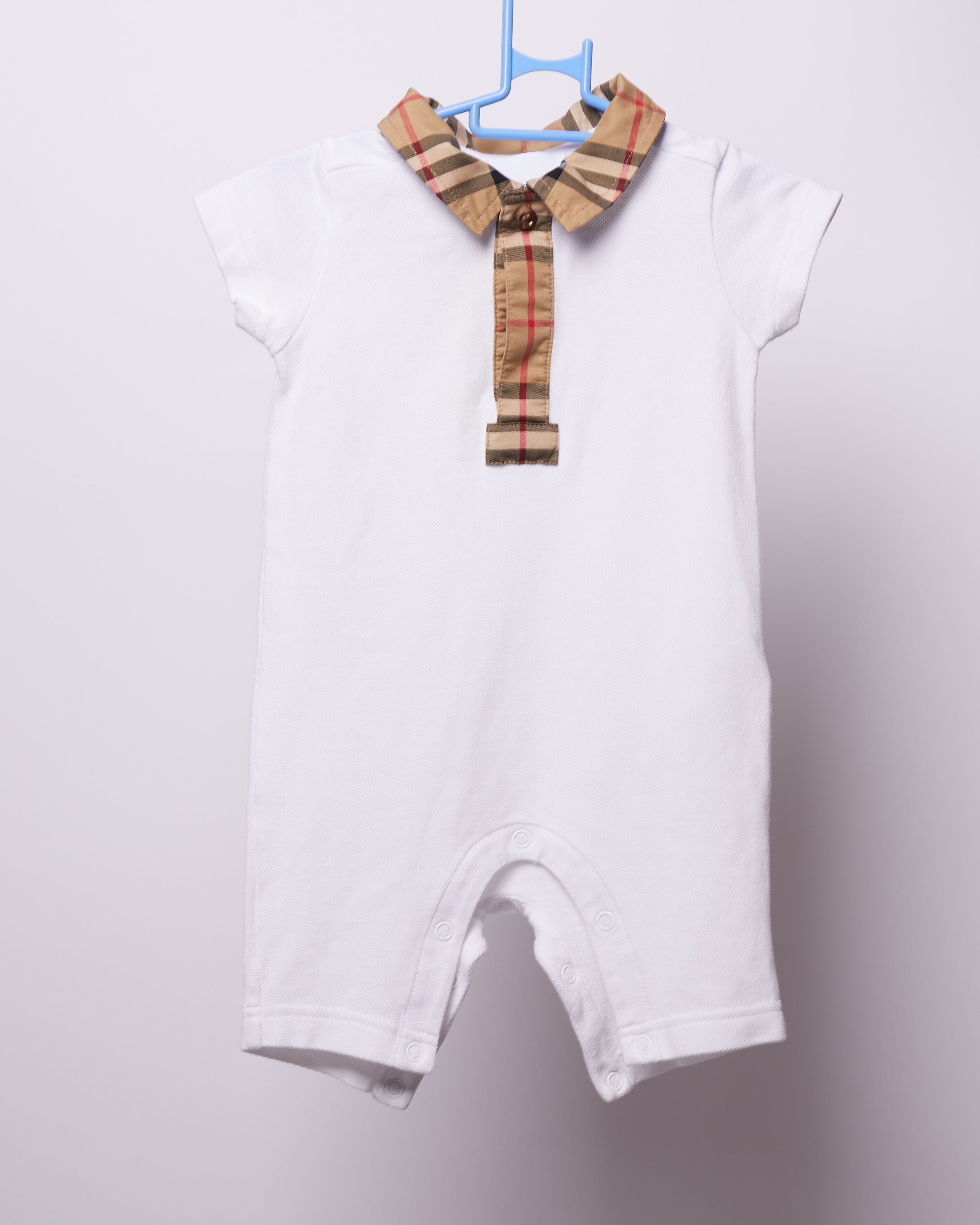 Burberry Check Trim Stretch Cotton Plique Playsuit In White