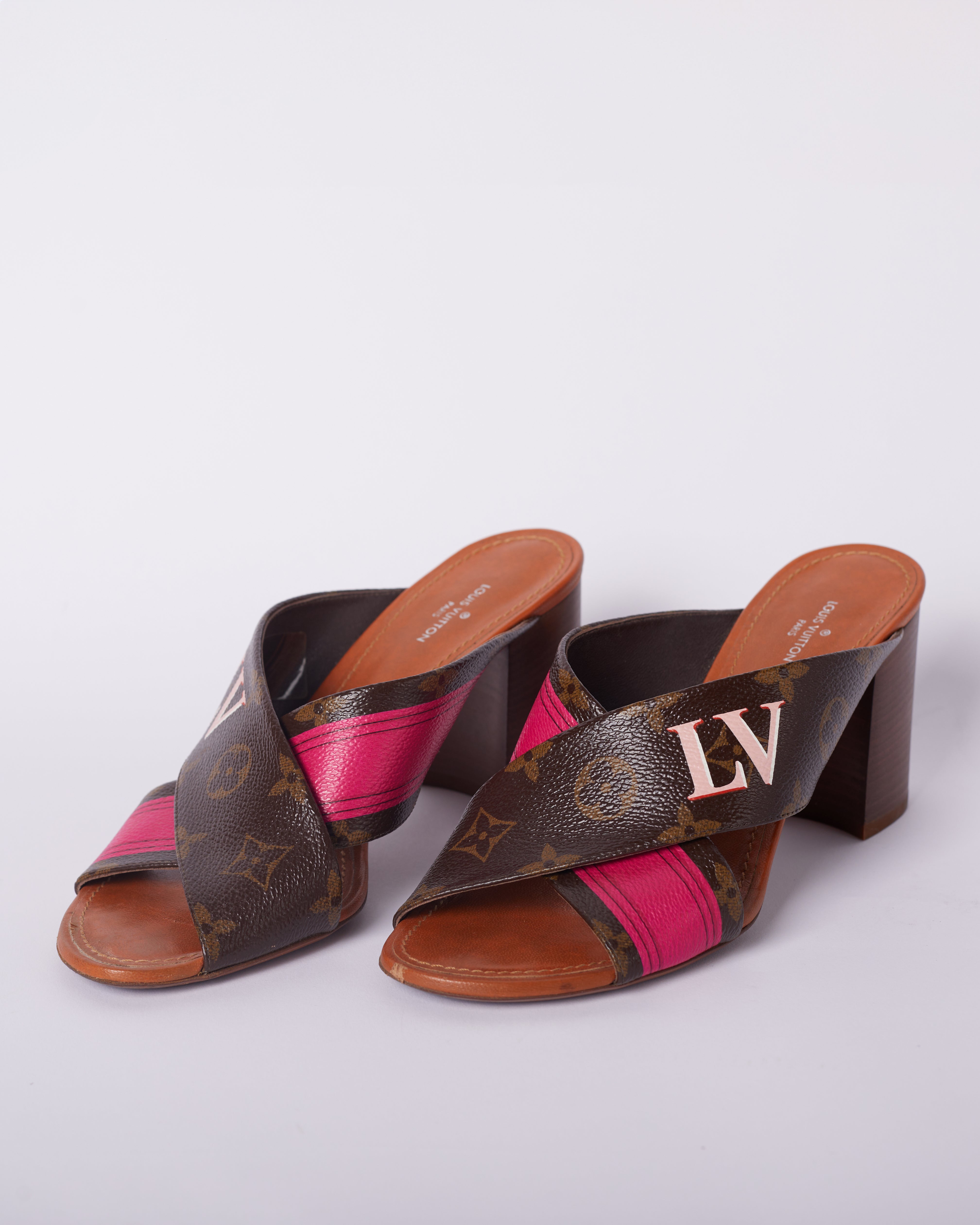 Louis Vuitton Brown/ Pink Monogram Canvas Panorama Slide Mule Sandals